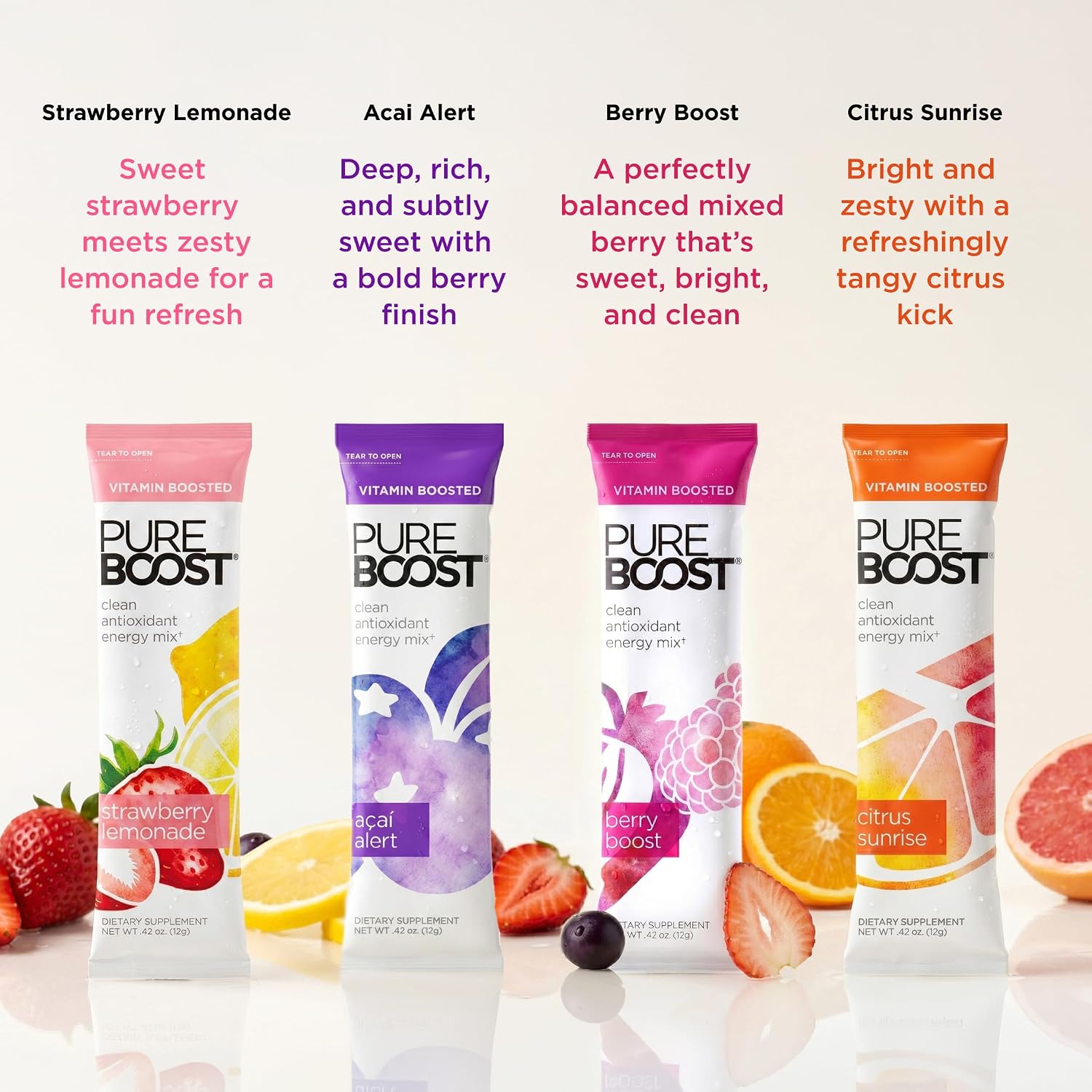 Pureboost Sugar-Free Clean Energy Booster Drink Mix, Citrus Sunrise 30ct | B12 vitamins, low sodium electrolytes & antioxidants. 25 vitamins and minerals. No sucralose.
