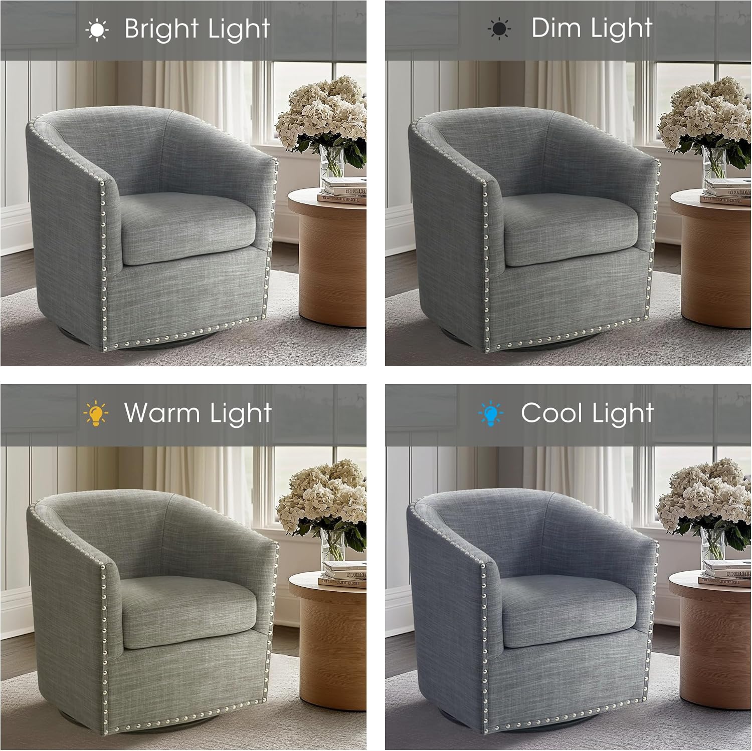 Madison Park Swivel Barrel Accent Chair, Upholstered Curved Back with 7-Inch Thick Woven Cushion, 360° Swivel, Nailhead Trim, Comfy Chair for Living Room, Bedroom, Office, 28" Wide, Neutral, Tyler