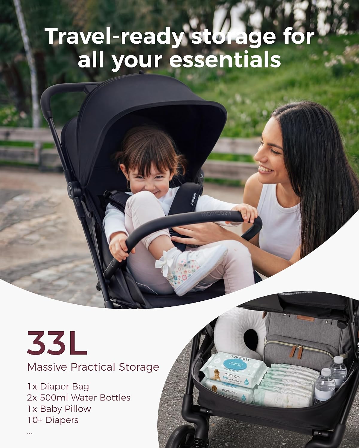 Momcozy TuckGo Ultra-Compact Travel Stroller for Toddlers, Carry-On Ready | Reclining Seat with UPF 50+ Canopy, Adjustable Leg Rest, 33 L Storage and Travel Bag Included