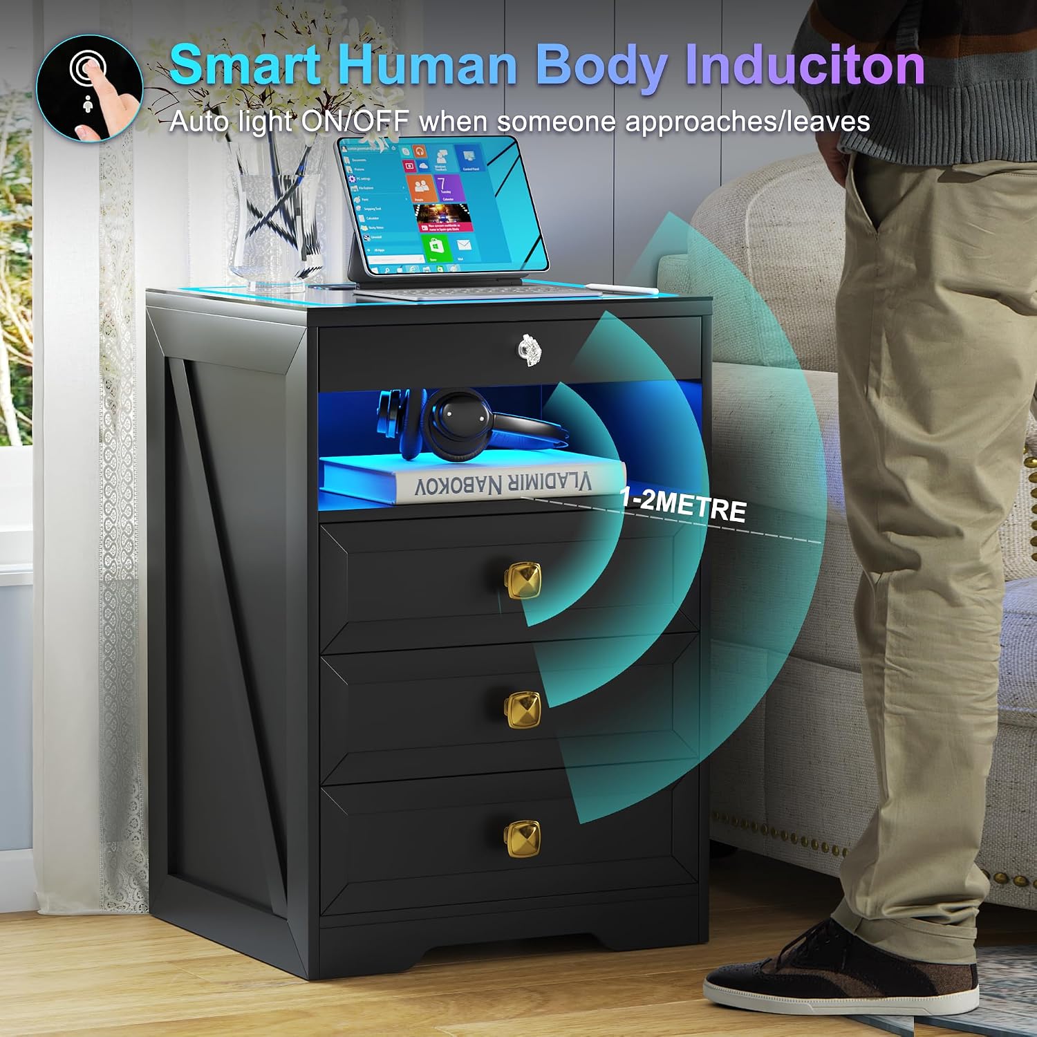 Lvifur LED Nightstand with Lockable Gun Drawer and Human Sensor, Black | USB & Type-C Charging Station, 3 Dimmable Lights, Adjustable Brightness, 3 Drawers, Farmhouse Style, Human Body Induction