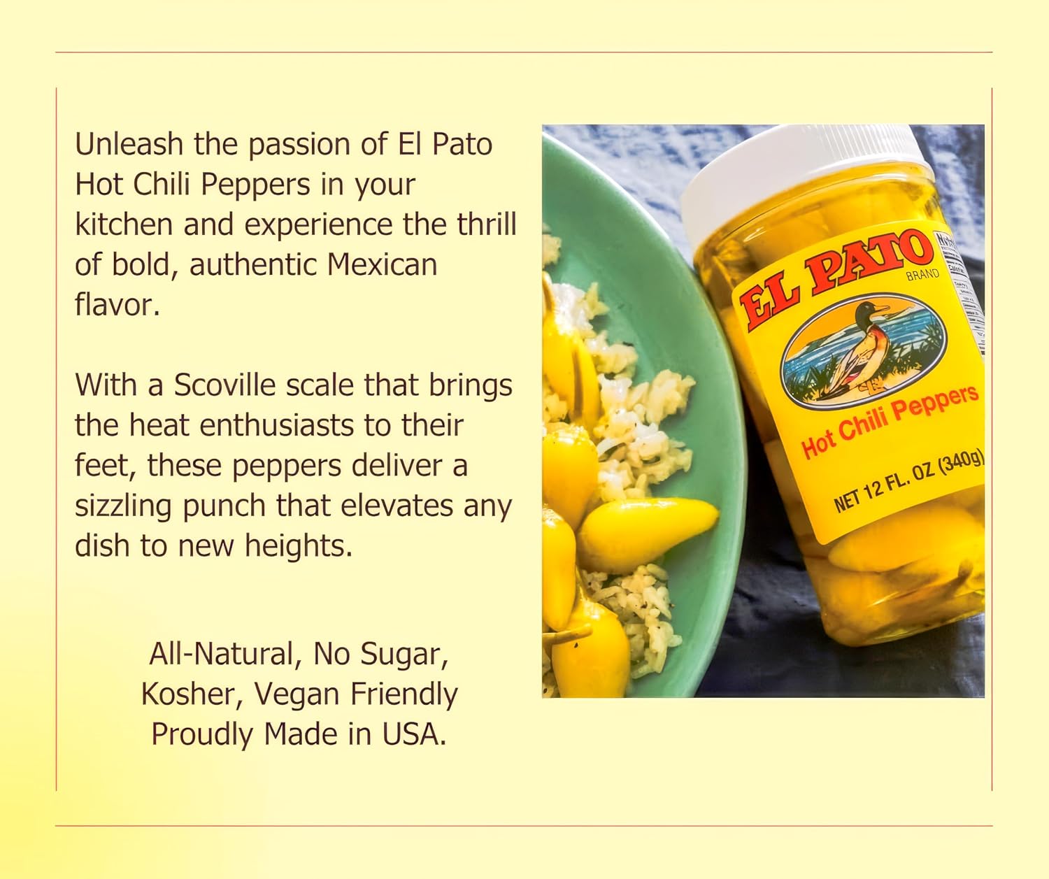 El Pato Hot Chili Peppers 22oz Pickled Yellow Chili Peppers 624g Kosher