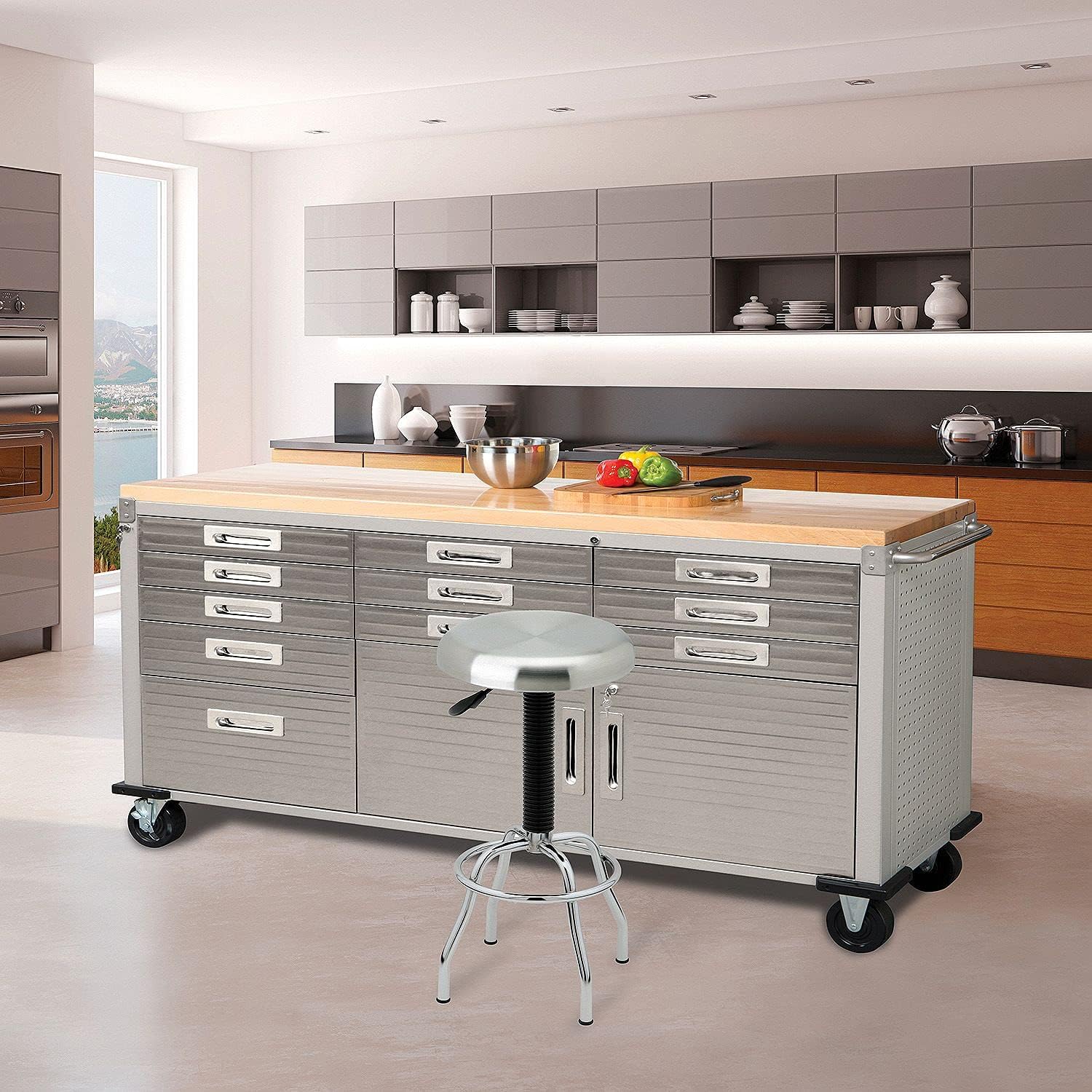 Seville Classics UltraHD Heavy Duty Rolling Cabinet Workbench Table w/Solid Wood Top, Workstation for Garage, Warehouse, Office, Workshop, 77" W x 20" D x 37.5" H, Graphite, 11-Drawer