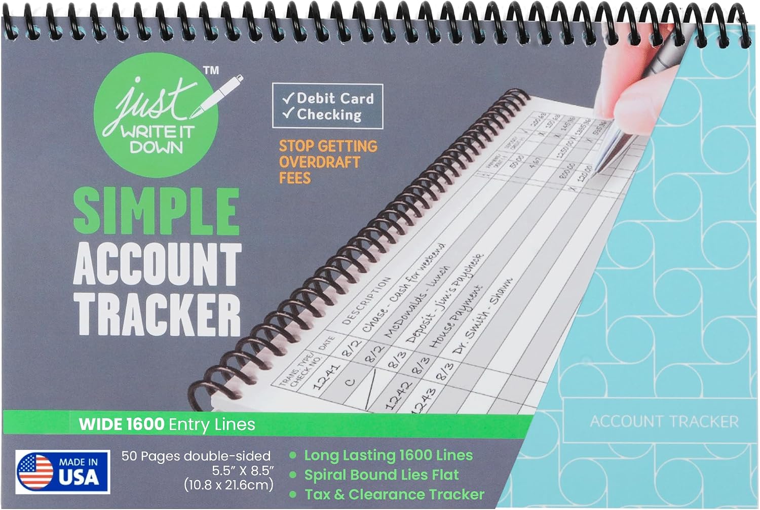 The Superior Register - Simple Account Tracker - Big Checkbook Register & Financial Ledger - Debit Card Register - Bank Register - 1 Pack, Teal, Wide Edition