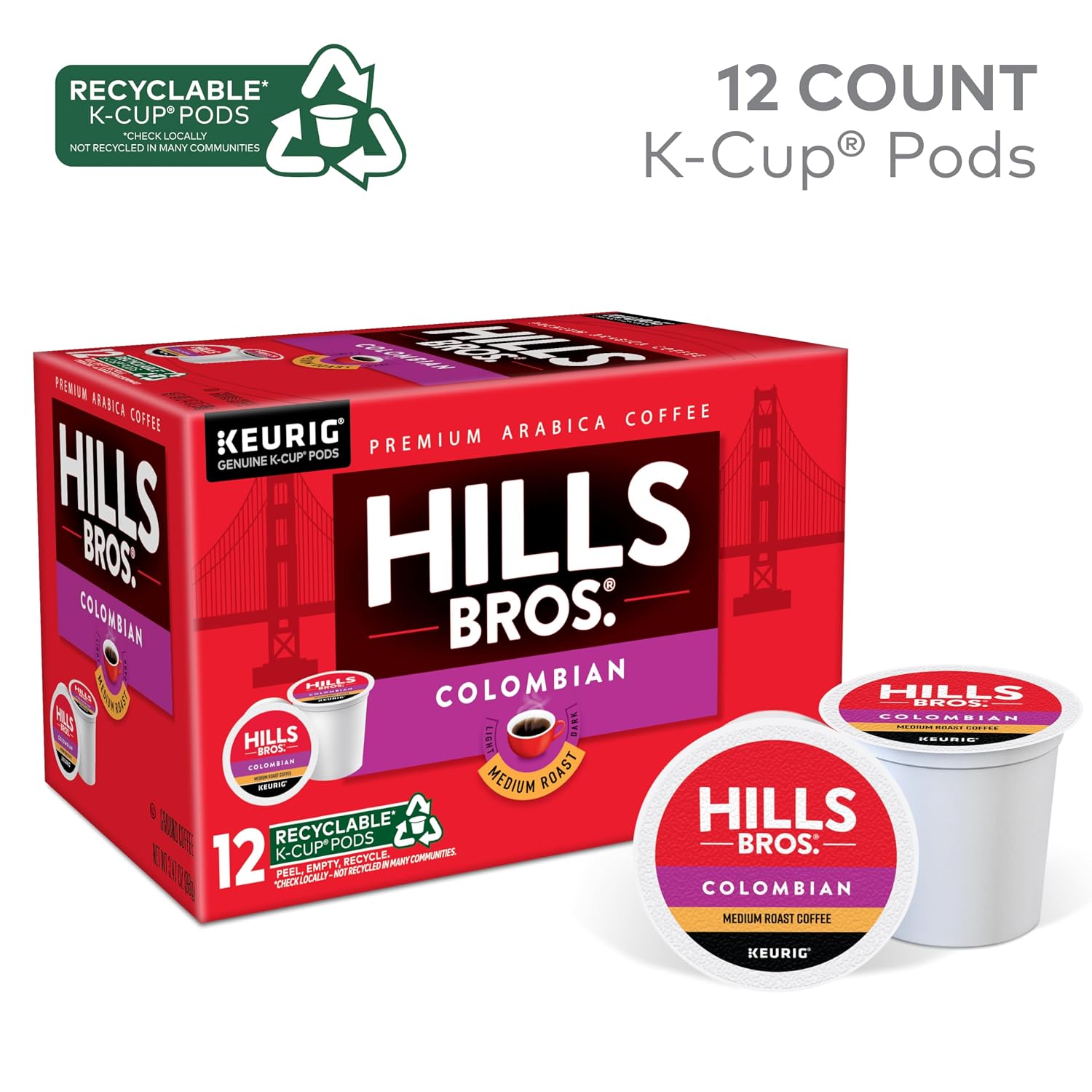 Hills Bros Single Serve Coffee Pods, 100% Colombian Ground Coffee, Medium Roast, 12 Count – Keurig Compatible, Roasted 100% Arabica Beans, Smooth Balanced Flavor