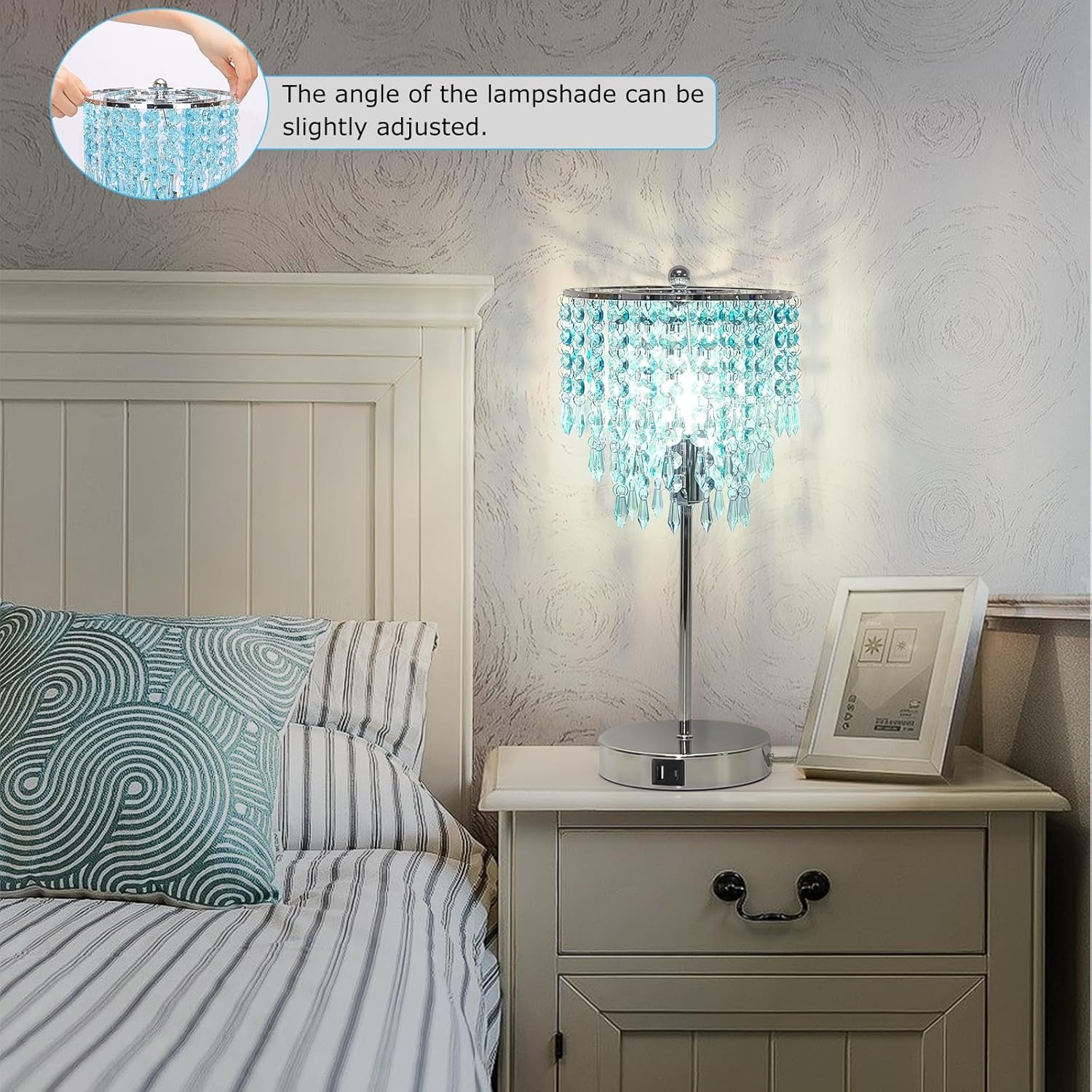 Touch Control Crystal Table Lamp with USB C+A Charging Ports, 3-Way Dimmable Bedside Touch Lamp Decorative Nightstand Lamp with Elegant Lampshade for Living Room Bedroom, B11 LED Bulb Included