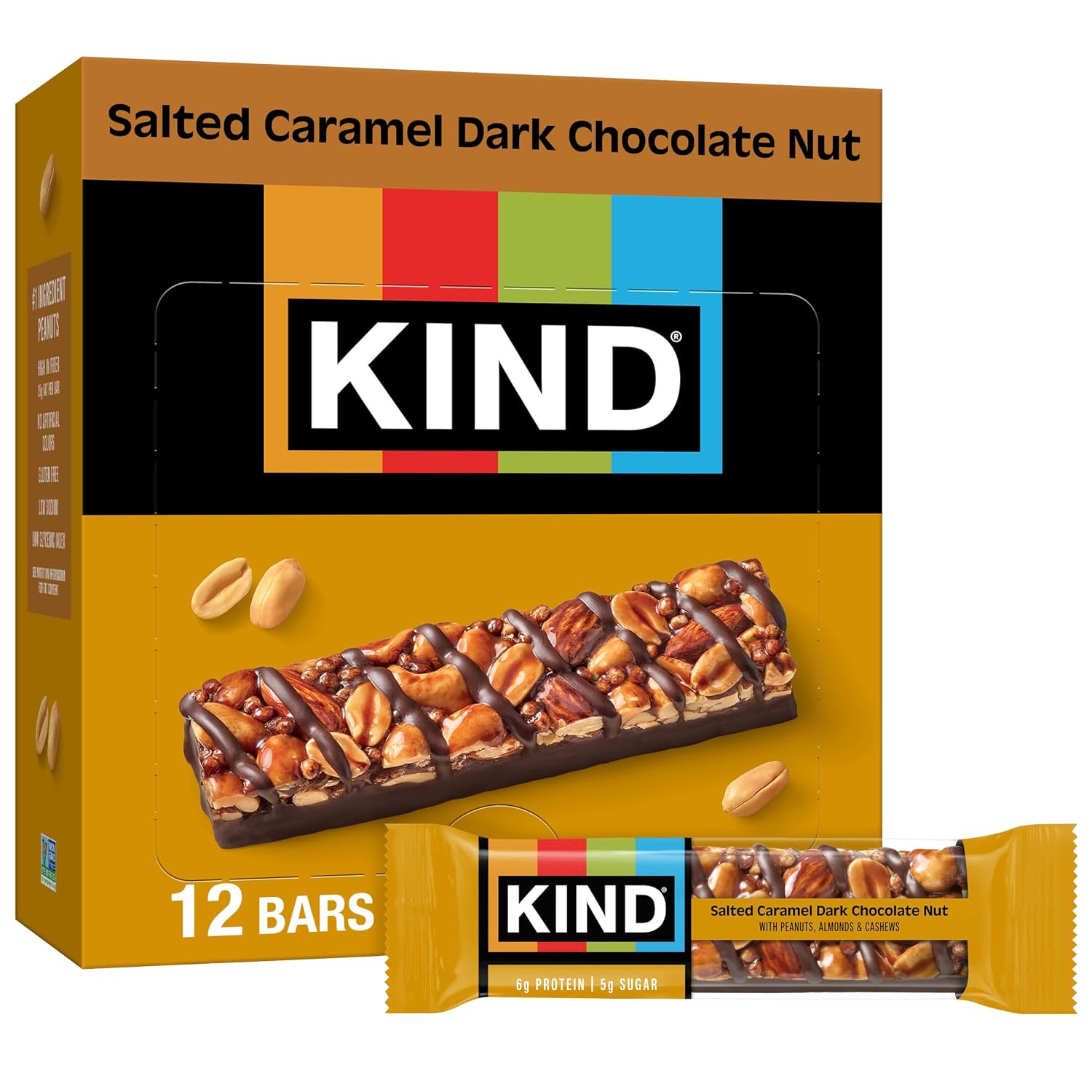 KIND Healthy Snacks Bars, Dark Chocolate Nuts & Sea Salt, Gluten Free, Low Sugar, High Fiber Snacks, 6g Protein, 12 Count