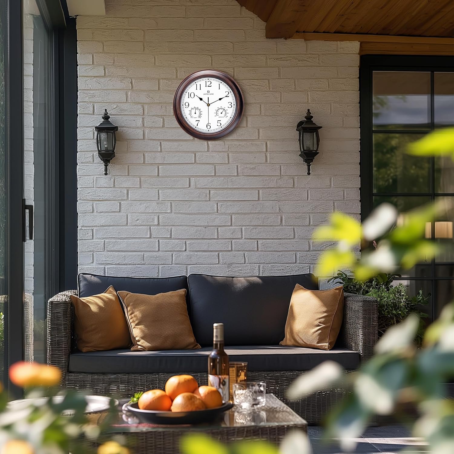Lafocuse 12 Inch Brown Outdoor Wall Clocks with Temperature and Humidity