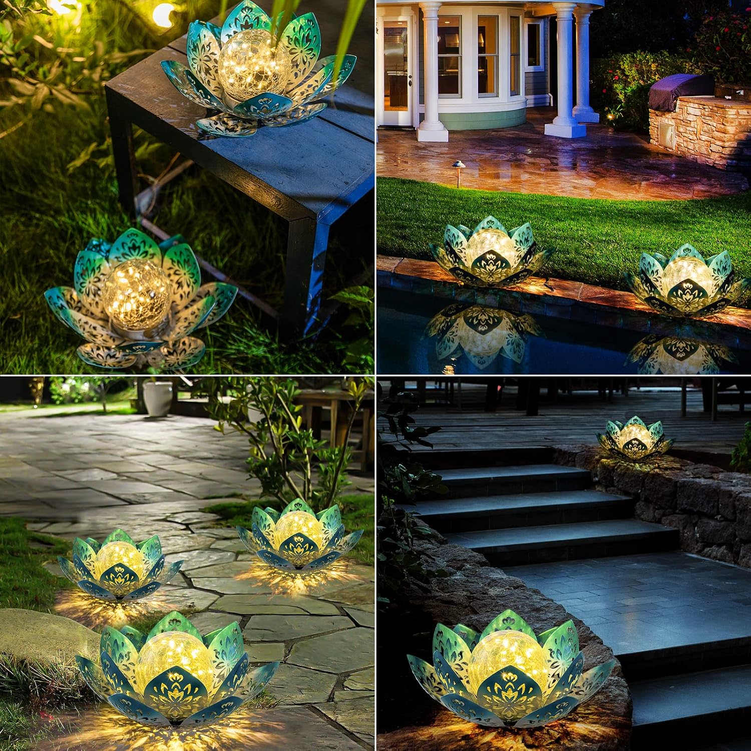 Huaxu Solar Lights Outdoor Garden, Crackle Globe Glass Lotus Decor, Waterproof LED Metal Flower Decorations for Patio,Lawn,Walkway,Tabletop,Ground