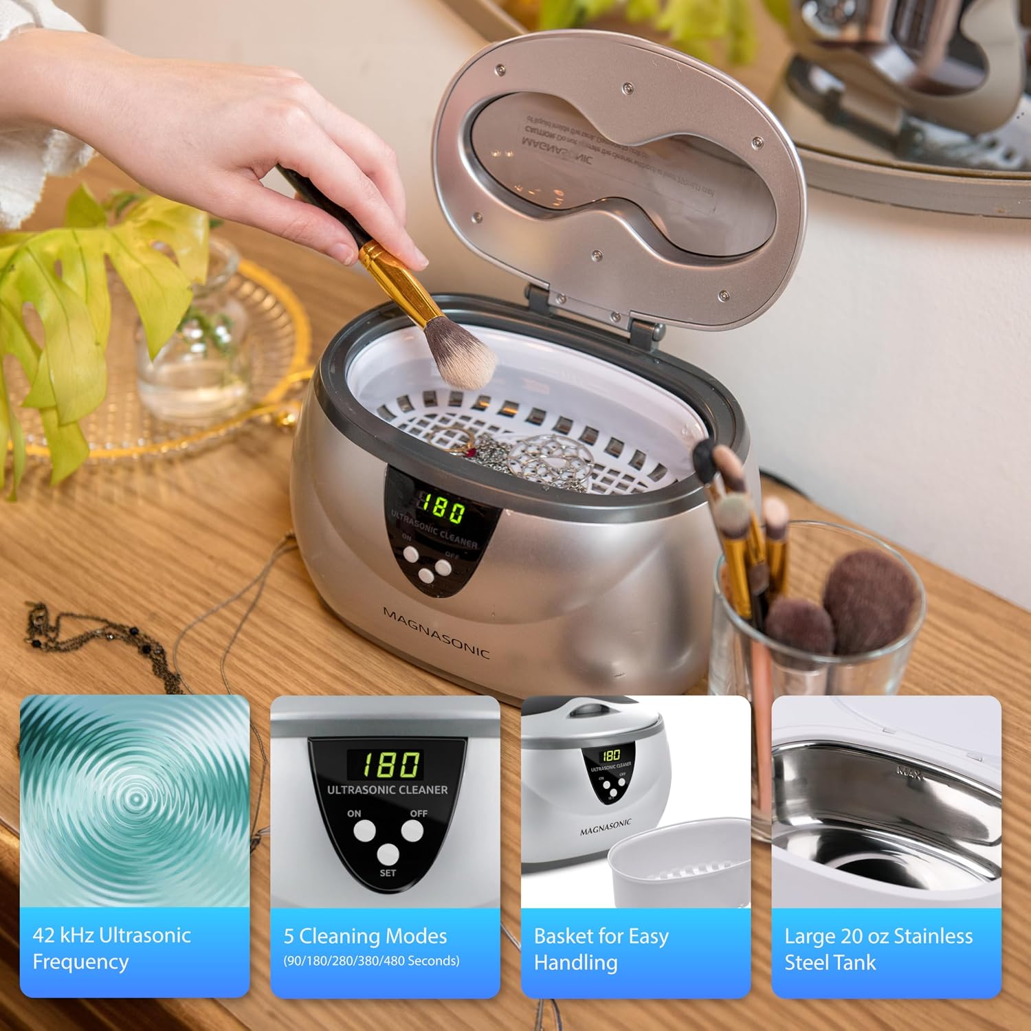 Magnasonic Ultrasonic Cleaner - 20oz Stainless Steel Tank, Digital Timer, 5 Cleaning Modes, Ultrasonic Jewelry Cleaner for All Jewelry, Eyeglasses, Watches, Dentures, Retainers & More