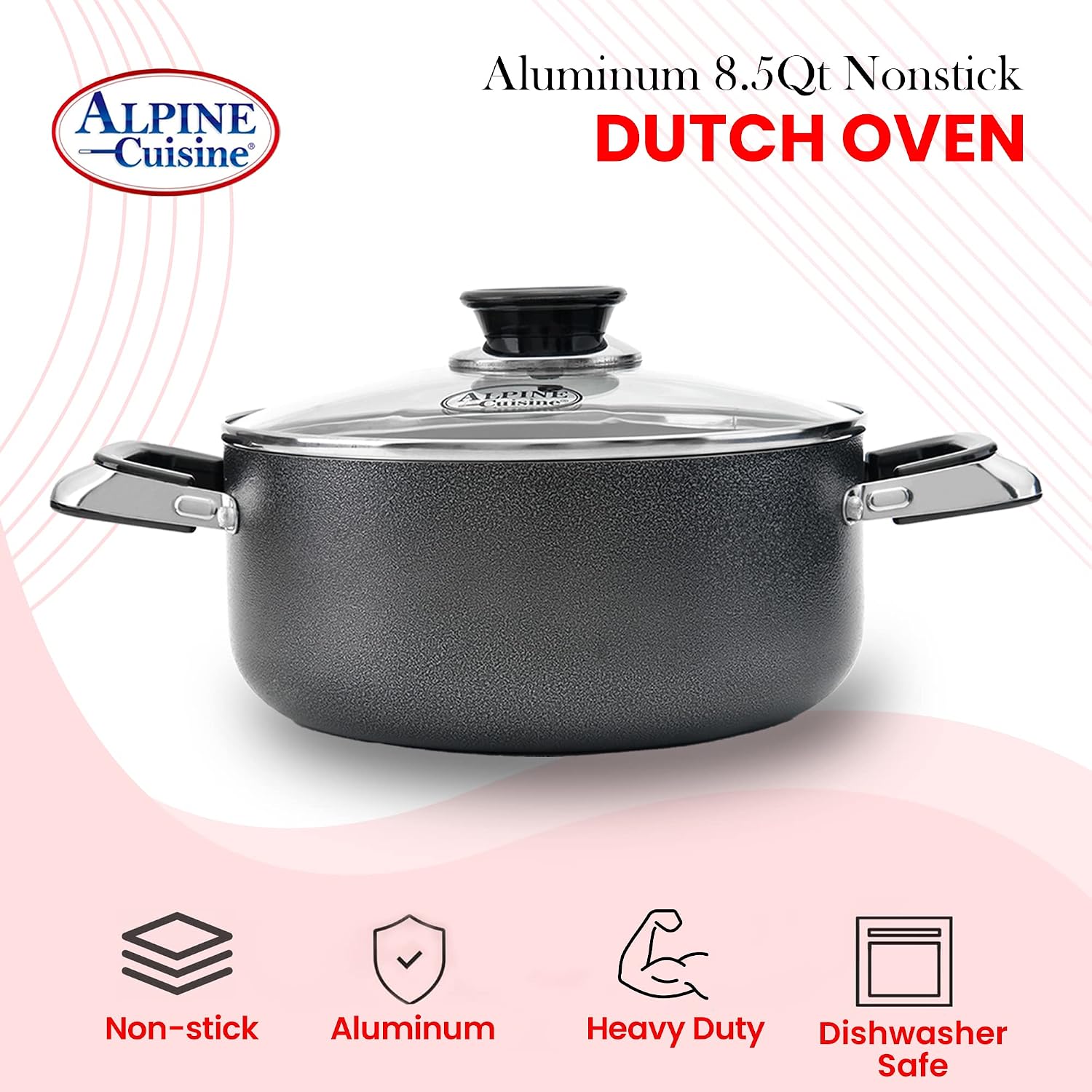 Alpine Cuisine 4 Quart Non-stick Stock Pot with Tempered Glass Lid and Carrying Handles, Multi-Purpose Cookware Aluminum Dutch Oven for Braising, Boiling, Stewing