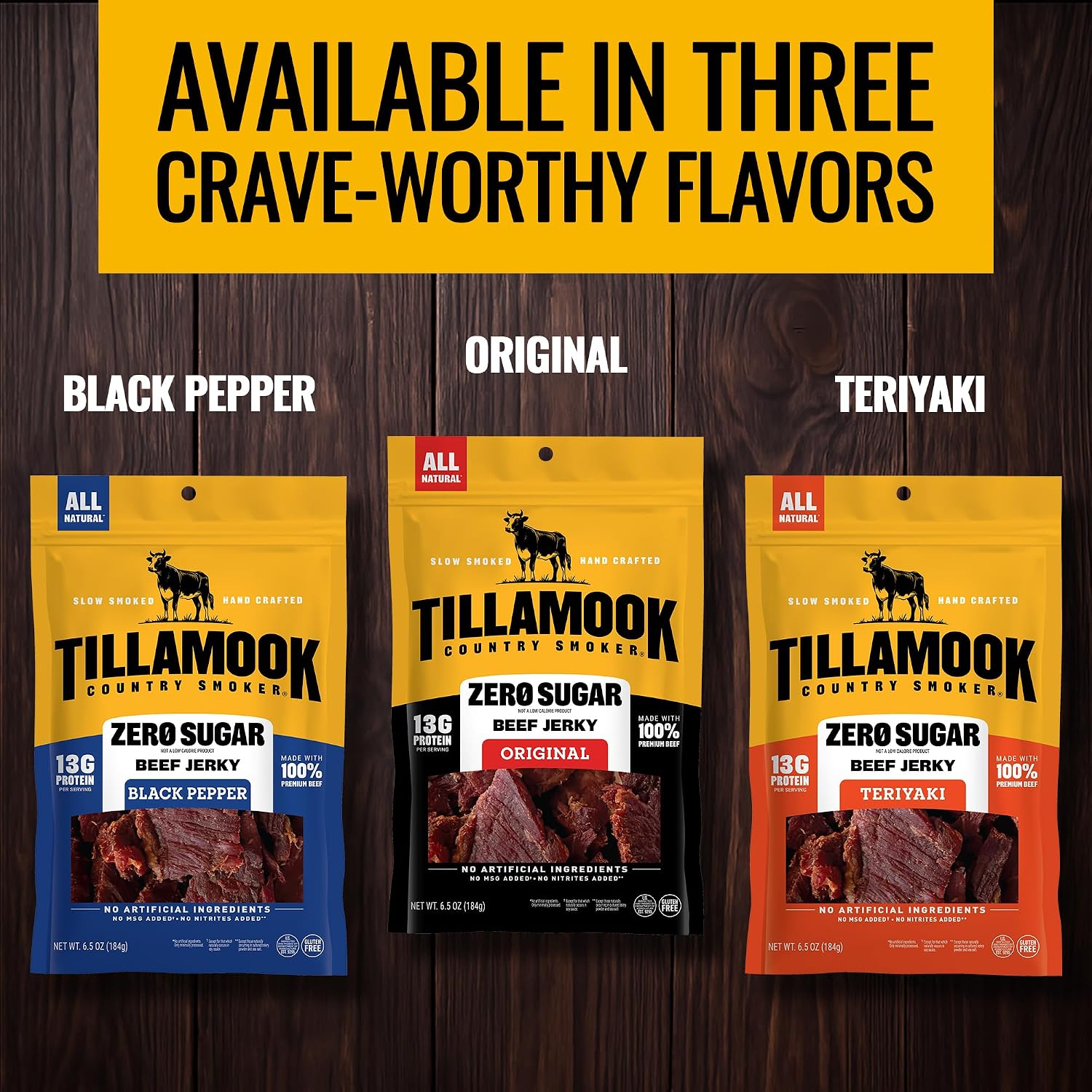 Tillamook Country Smoker Zero Sugar Original Beef Jerky Sticks, 6.5 Oz, 14g Protein, Real Hardwood Slow-Smoked, High Protein, Low Carb Meat Snacks, Keto-Friendly, 0g Sugar & Total Carbs