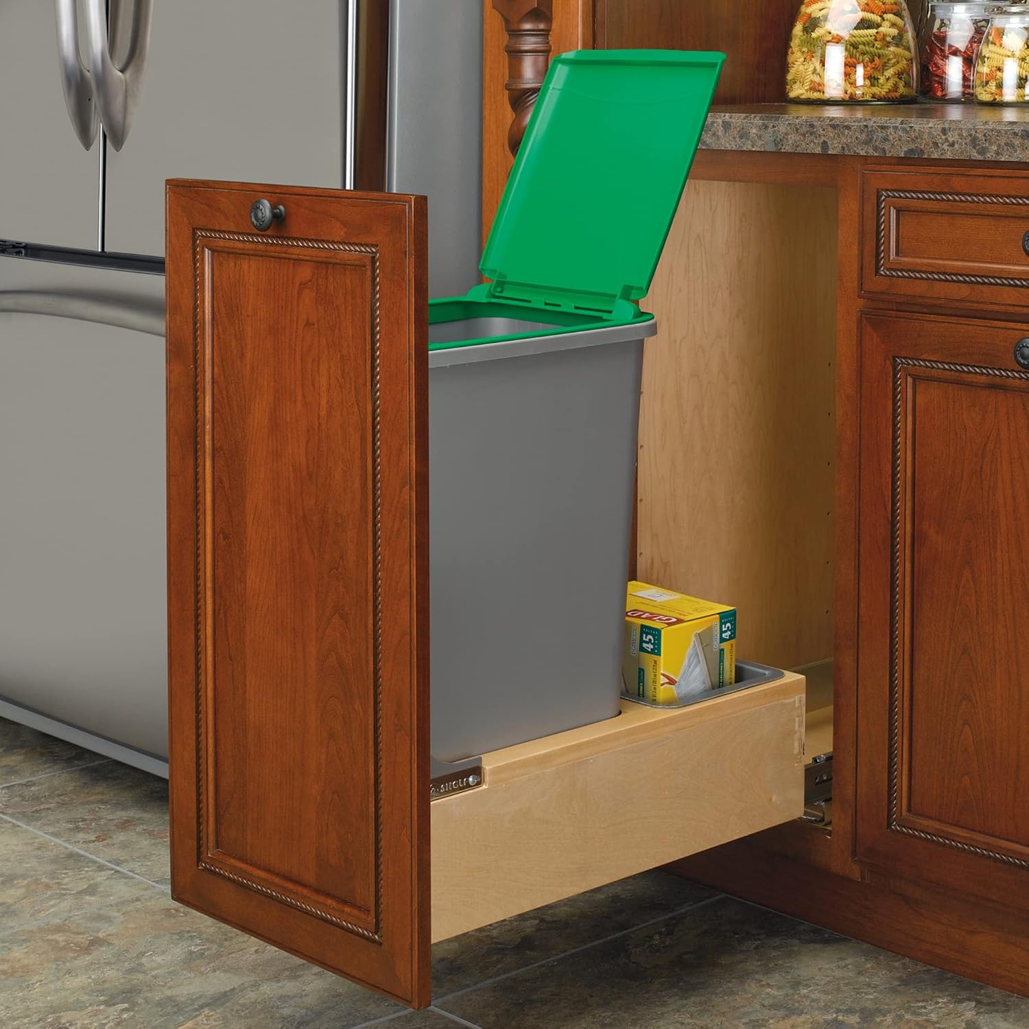 Rev-A-Shelf Pullout Under Counter Trash Can, 50 Qt 12.5 Gal Garbage Container with Soft-Close and Soft-Open Slides, Silver, 4WCBM-1550DM-1