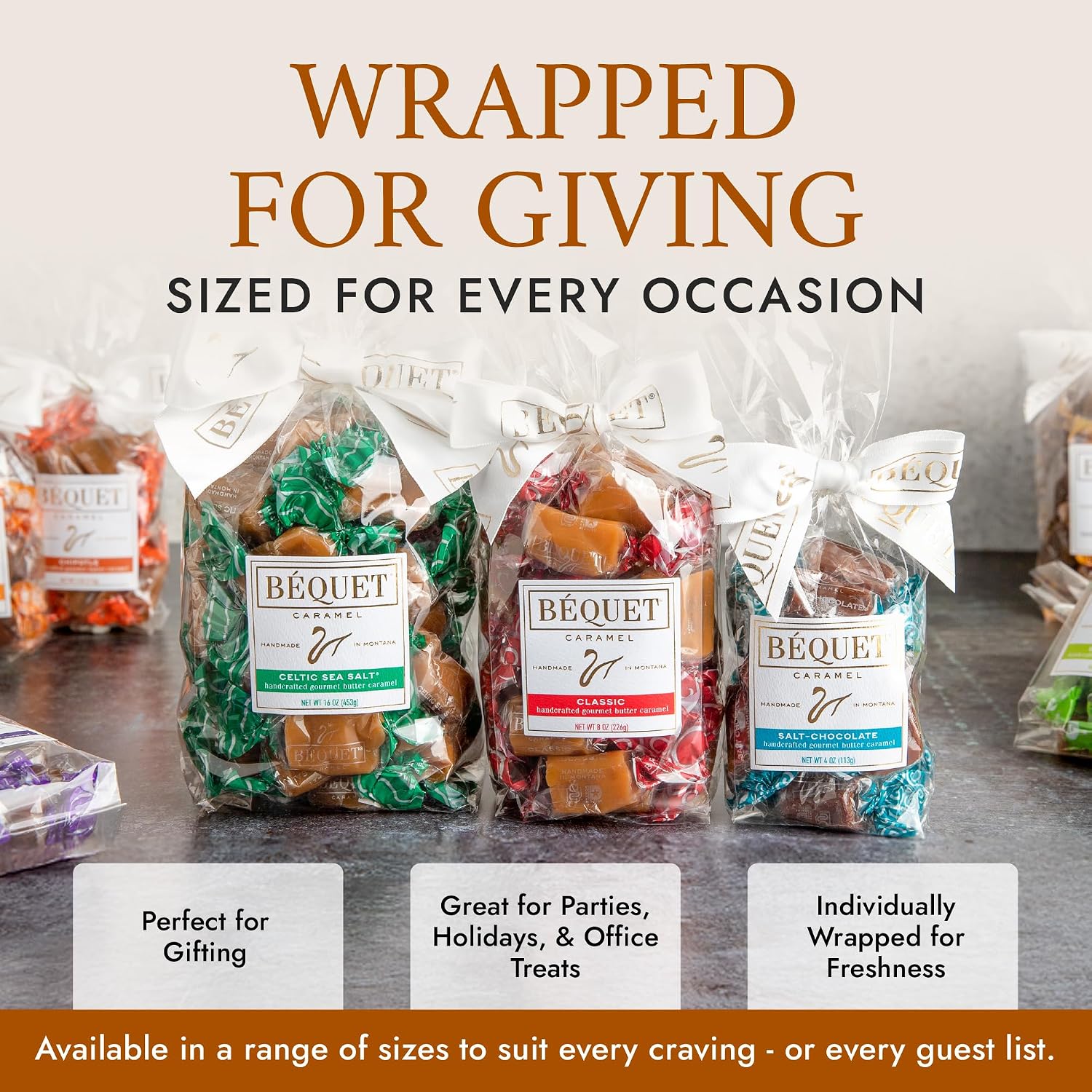 Béquet Celtic Sea Salt Caramels - Individually Wrapped Candy - 8oz Gift Bag | Ready-to-gift bag. Small-batch caramel made in Montana with real cream and butter, Kosher Star-D, gluten free, non-GMO