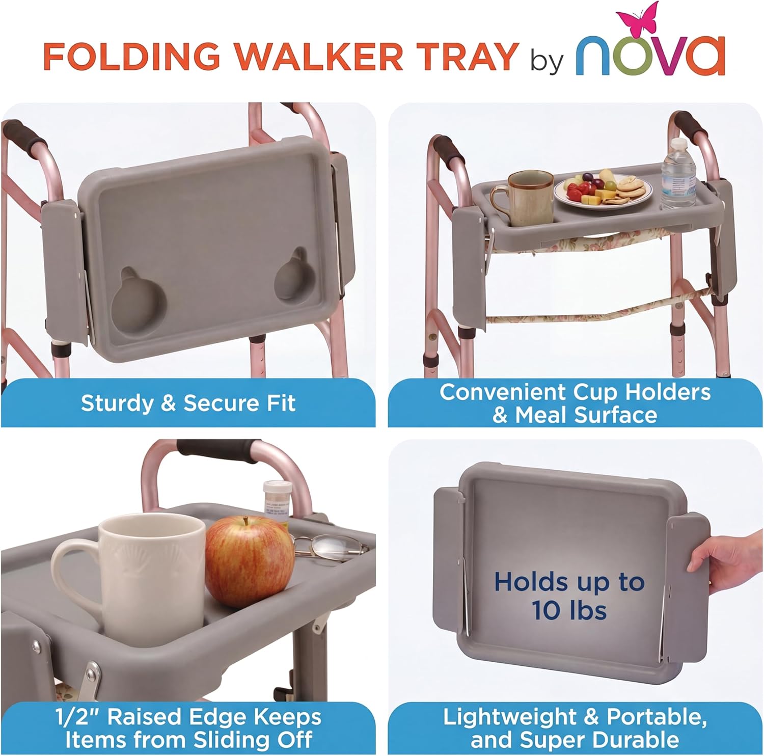 NOVA Folding Walker Tray Accessory – Flip-Up Walker Tray with 2 Cup Holders for Food