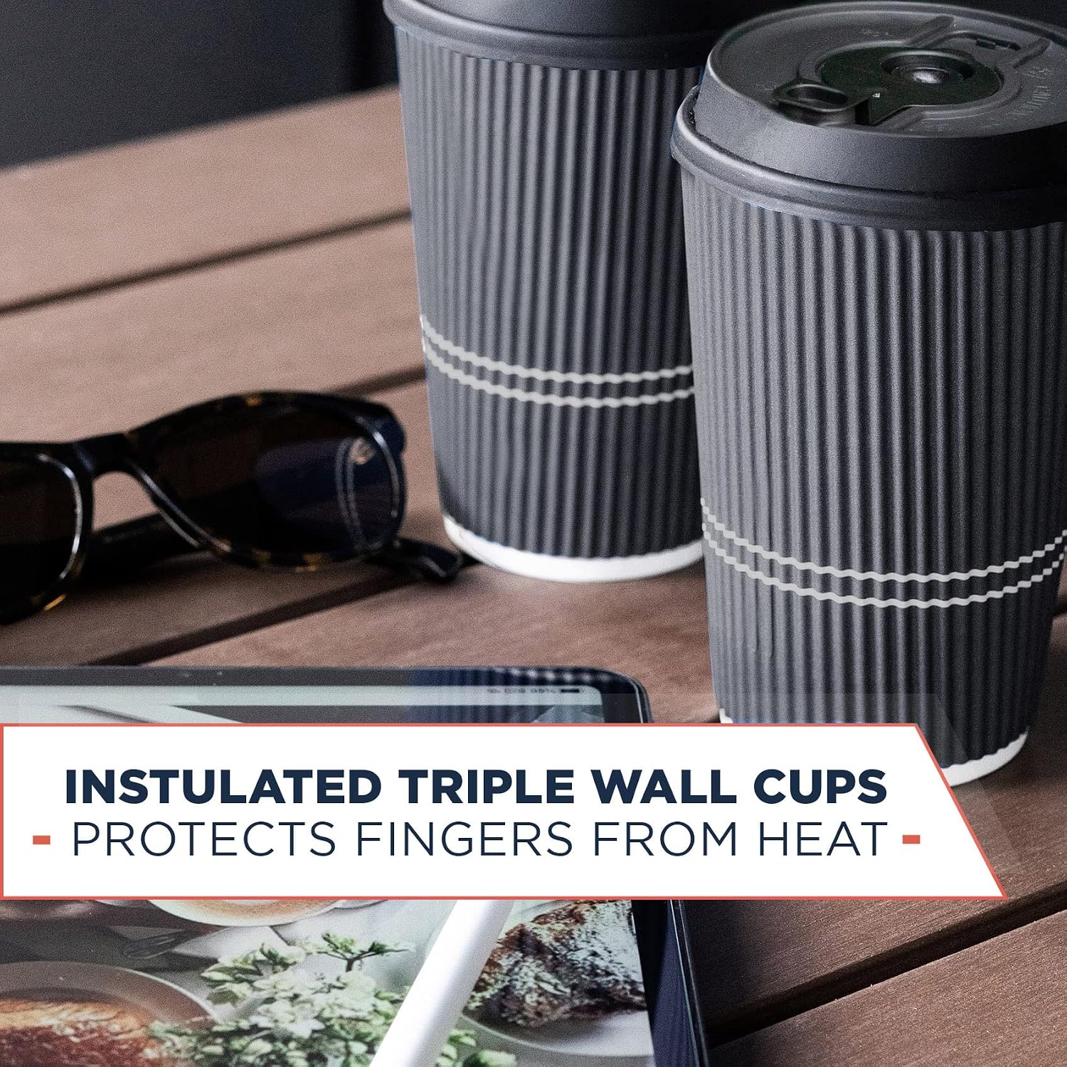Disposable Coffee Cups With Lids - (80 set) 12 oz Paper To Go Coffee Cups With Resealable Lids Prevent Leaks! Travel Insulated Hot Beverage Drink Cup. Will Not Bend With Heat or Burn Fingers