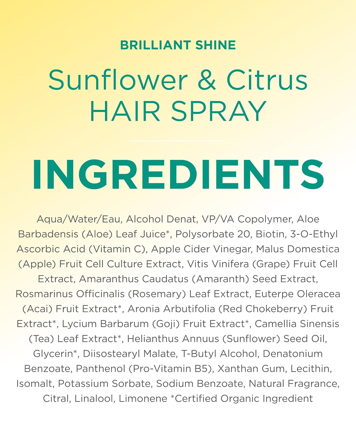 Andalou Naturals Sunflower & Citrus Brilliant Shine Hair Spray (8.2 fl oz) | Styling for Shine & Medium Hold, Aloe Vera for Frizz Control, Natural & Cruelty Free