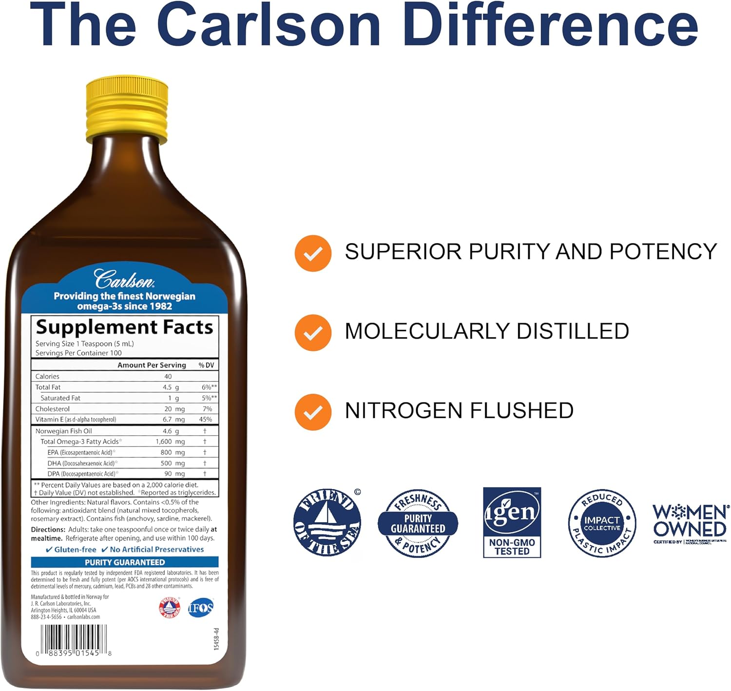 Carlson The Very Finest Fish Oil, 1600 mg, Omega-3s, 200 mL (6.7 Fl Oz) | Lemon; Liquid Fish Oil Supplement; Norwegian Fish Oil; Wild Caught; Sustainably Sourced Fish Oil Liquid
