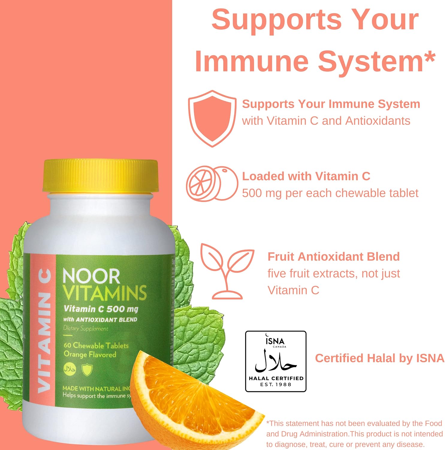 Noor Vitamins 500 MG Halal Vitamin C Chewable Tablets + Rose Hips and Antioxidants I Supports Immune System I Vegan