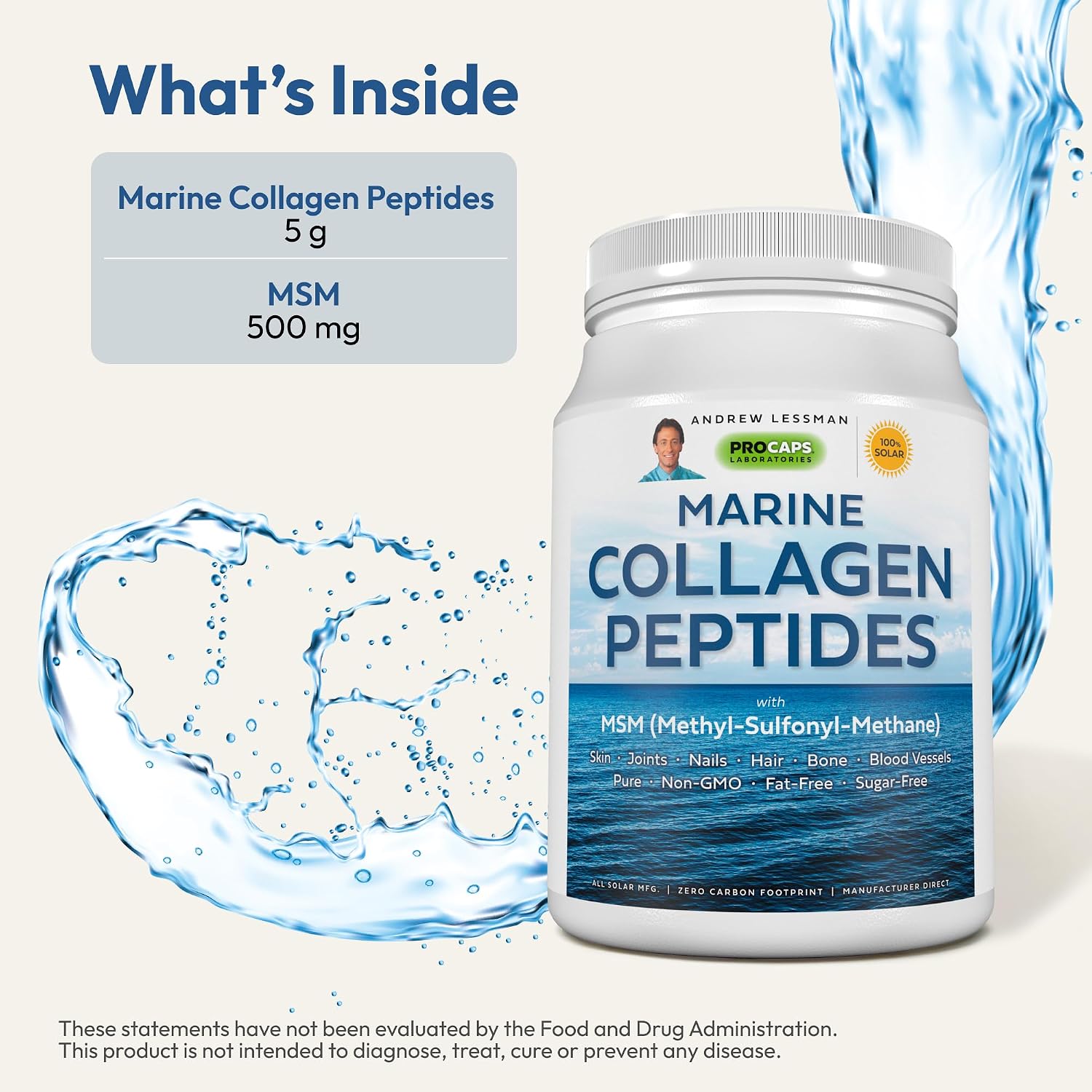 Andrew Lessman ProCaps Marine Collagen with MSM Powder 30 Servings | Marine Collagen with MSM supports healthy skin, joints, bones, hair and nails in a pure, unflavored, super-soluble powder.