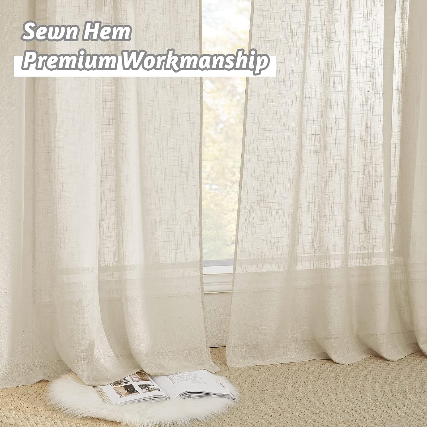 RYB HOME Linen Sheer Curtains - Linen Textured Semi Sheer Curtains for Kids Nursery Bedroom Living Room Window