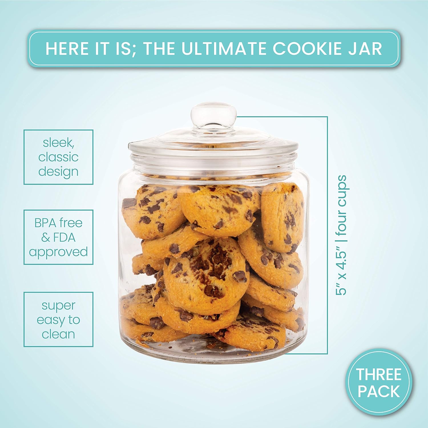 Set of 3 Glass Jar with Lid 1 Liter | Airtight Glass Storage Container for Food, Pasta, Coffee, Candy, Dog Treats