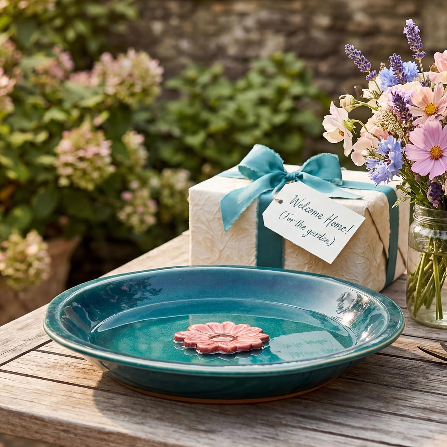 Topadorn 2" Depth Ceramic Birdbath & Birdfeeder for Small Birds Outdoors