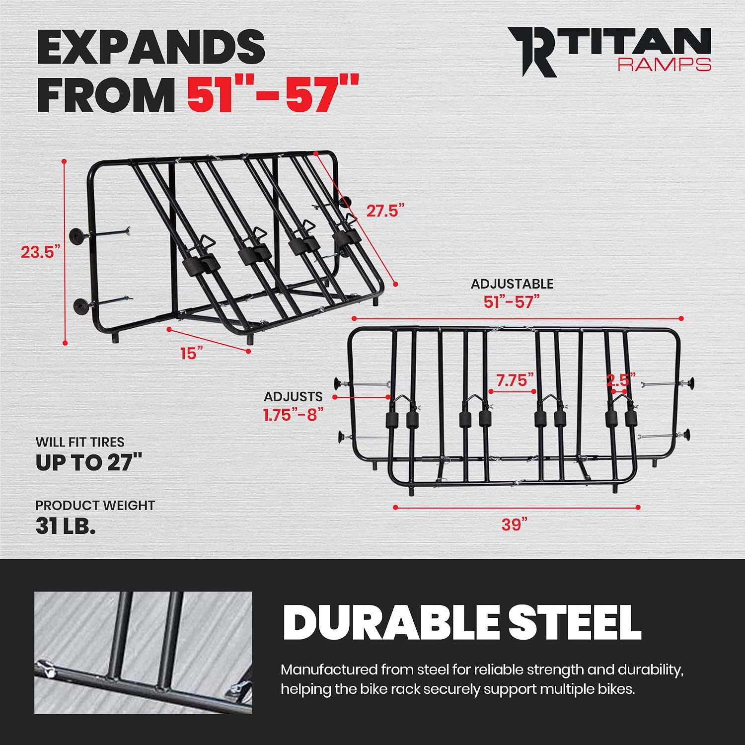 Titan Ramps Truck Bed Adjustable Steel Bike Rack for Up to 4 Bikes - Fits Most Makes/Models