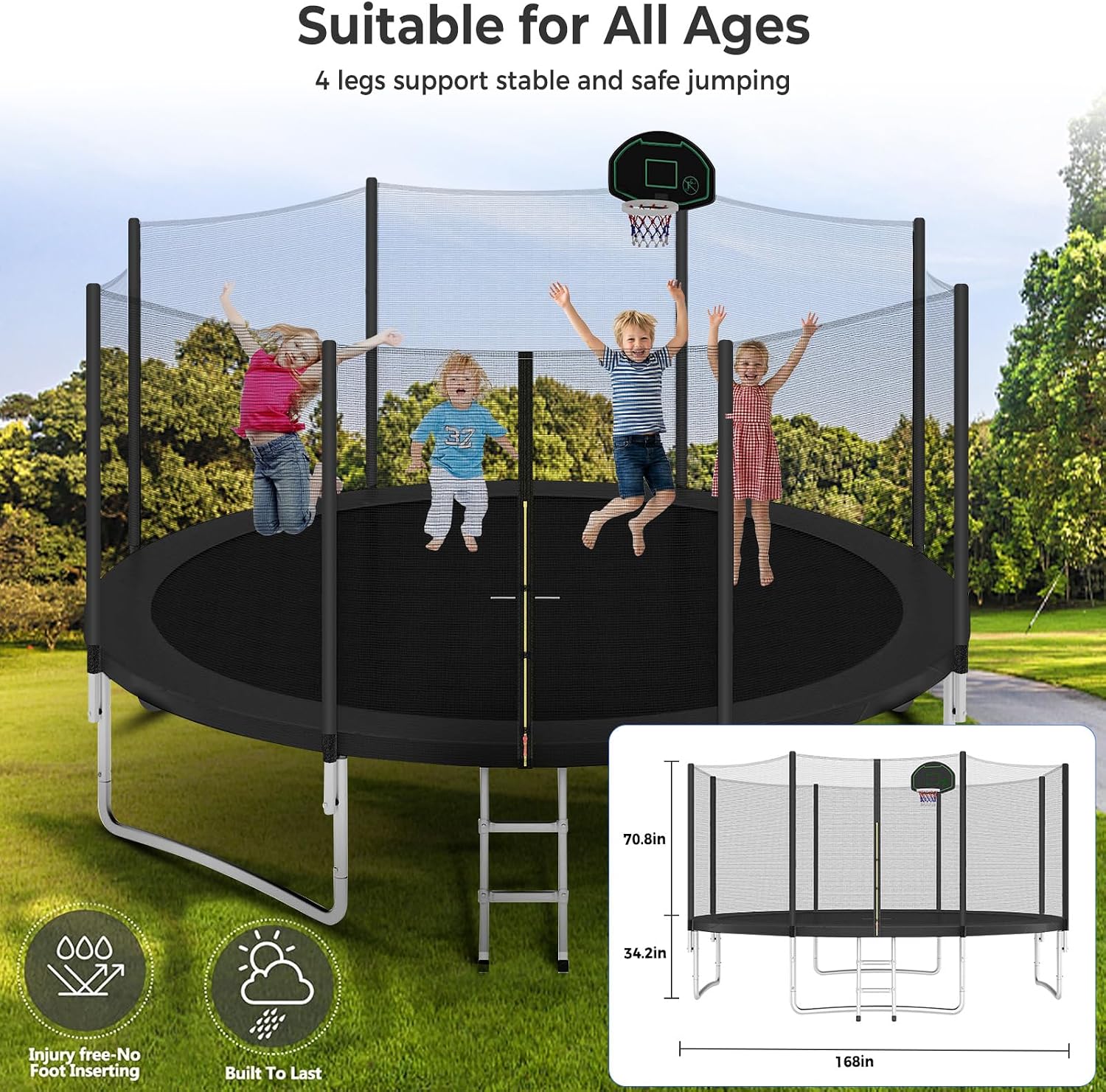 10 12 14 16FT Trampoline Outdoor, Light/Sprinkler/Basketball Hoop | Large Recreational Trampoline for Kids and Adults, Heavy Duty Yard Trampolines with Enclosure Net, ASTM Approval
