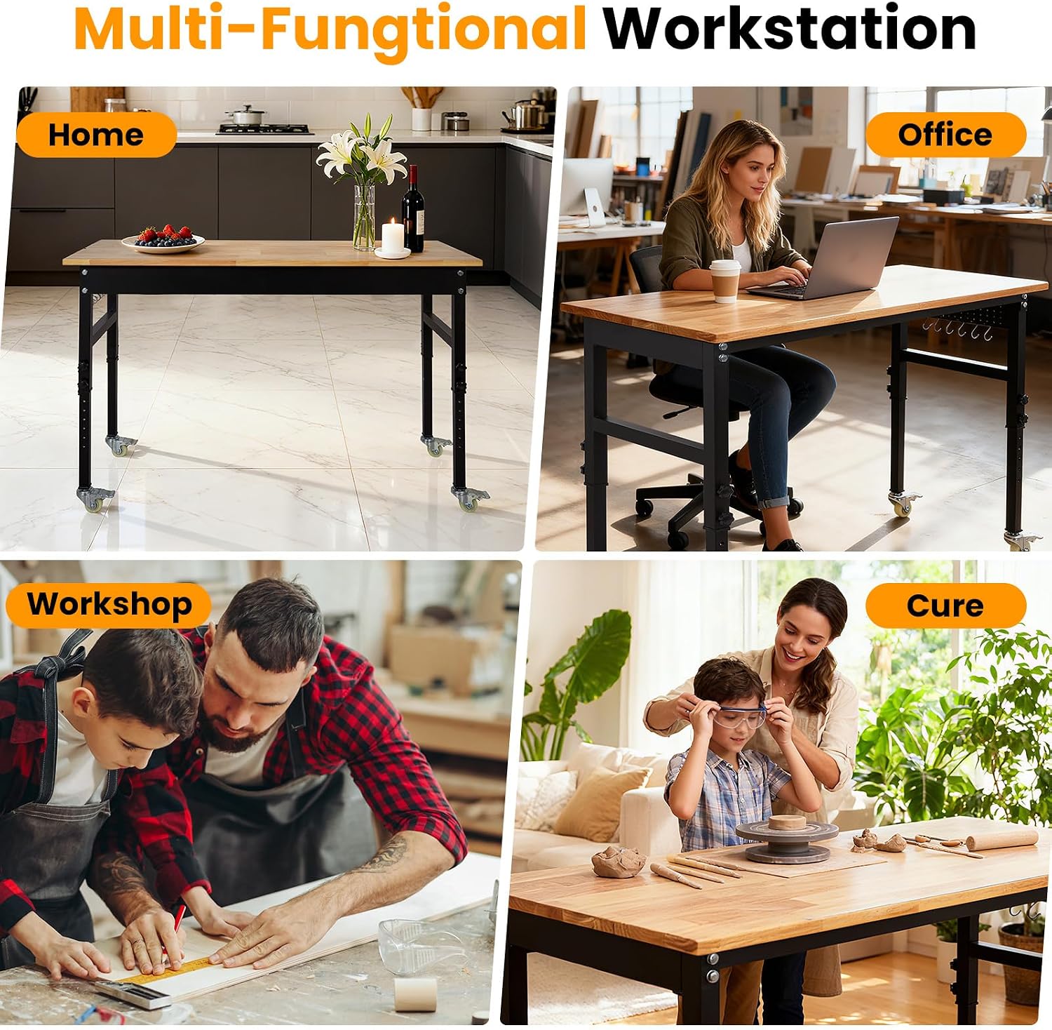 48" Adjustable Workbench, 8-Level Height Adjustable Rolling Work Table with Casters & Scale, Sit & Stand 2-in-1 Garage Tool Table with Pegboard & Hooks, for Workshop, Warehouse, DIY Projects