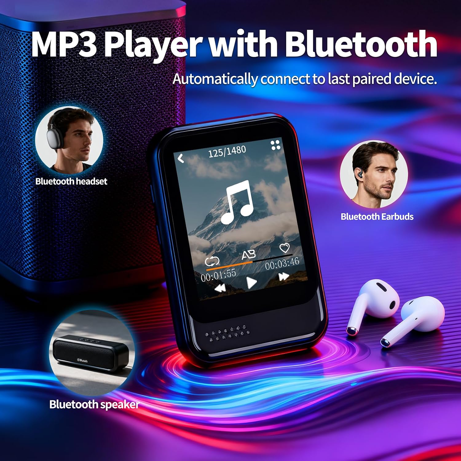 MP3 Player with Bluetooth, Mini MP3 Player with Speaker, Built-in Micro SD Card Slot, Portable Music Player with FM Radio, Video, Voice Recorder