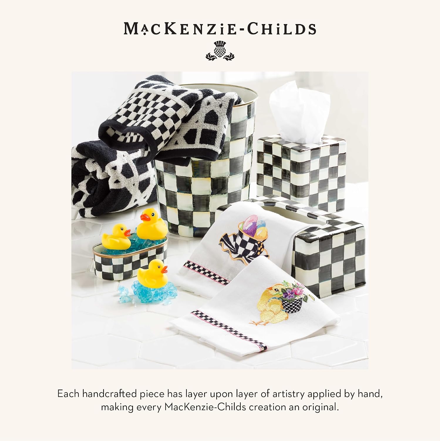 MACKENZIE-CHILDS Waste Bin, Black-and-White Courtly Check | Hand-painted design, made from enameled steel, decorative bedroom or bathroom trash can, 8" dia. x 9.5" H