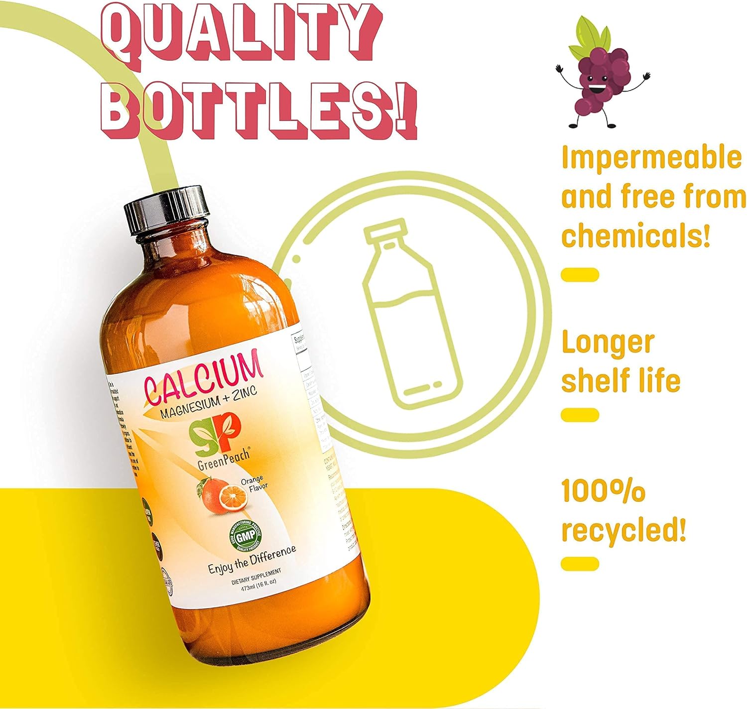 GreenPeach Organic Liquid Calcium for Kids - Magnesium, Zinc, Calcium Citrate & Vitamin D3 Calming Syrup & Liquid Calcium Supplement, NO Sugar NO Artificial Flavors, Vegetarian Halal Kosher