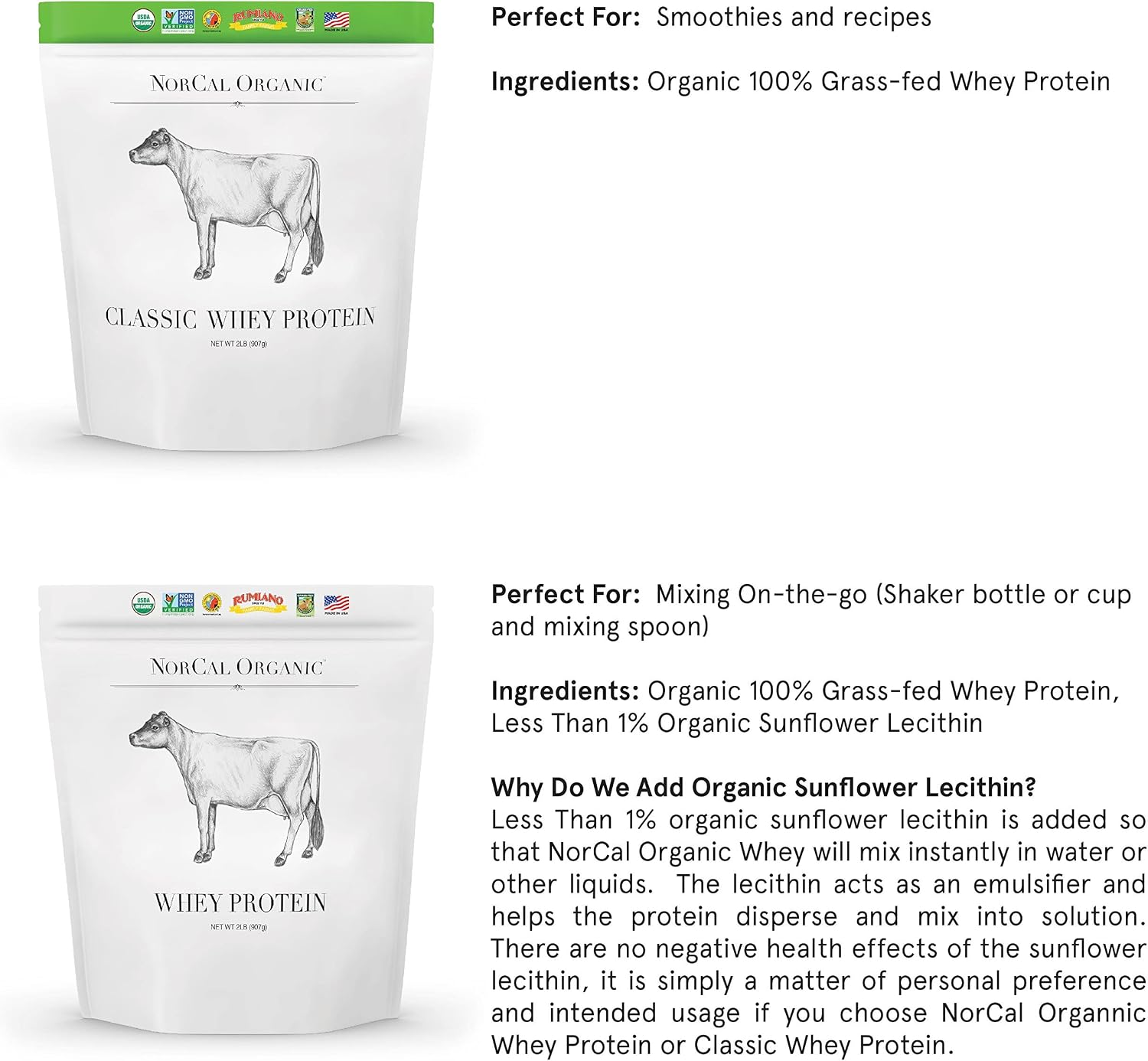 NorCal Organic Grass-Fed Whey Protein, USDA Certified, Unflavored, 2 lb