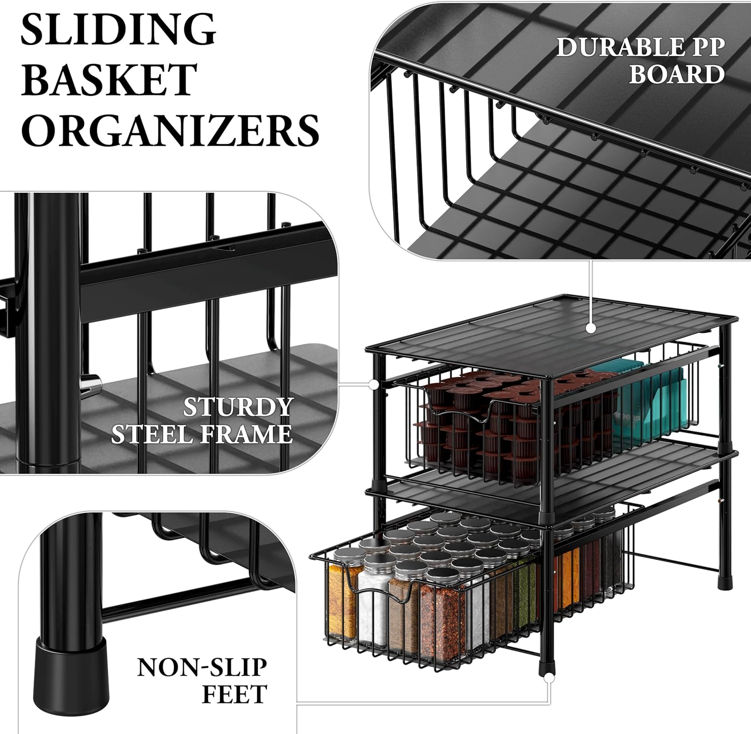 Simple Houseware Stackable 3 Tier Sliding Basket Organizer Drawer, Chrome