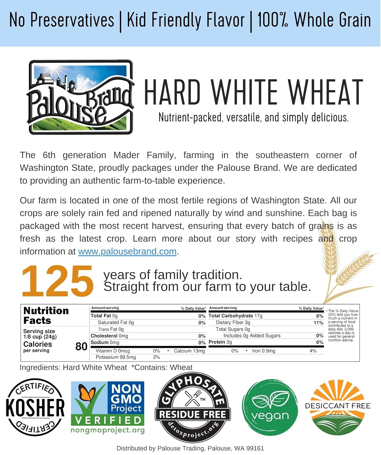 Palouse Brand Certified Glyphosate Residue Free Hard White Wheat Berries | 5 LBS | Non-GMO Project Verified | Kosher