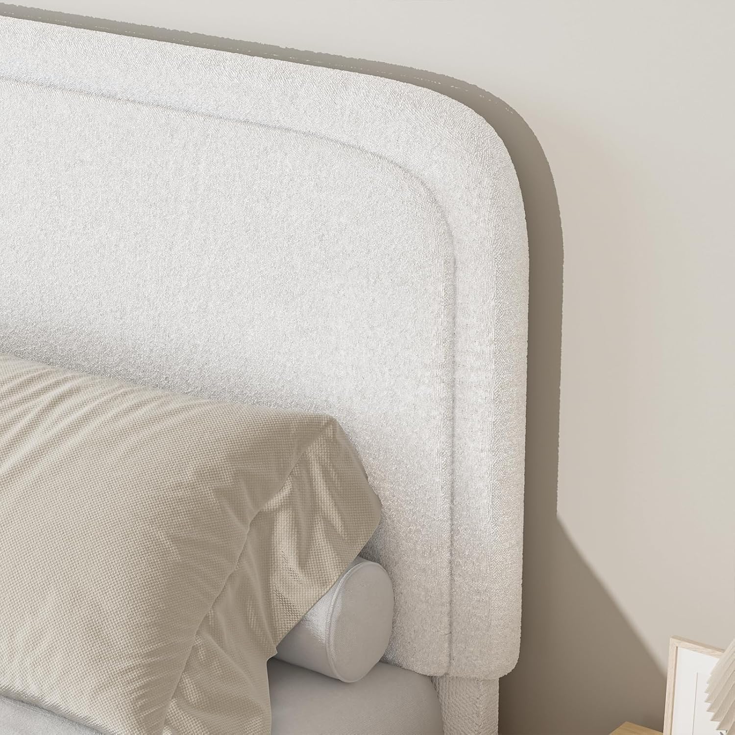 BarnFurin Full Bed Frame, Cloud Boucle Headboard, Rounded Corners, White | Soft boucle and rounded edges create a low-profile cloud look. Wooden slats support the mattress without a box spring