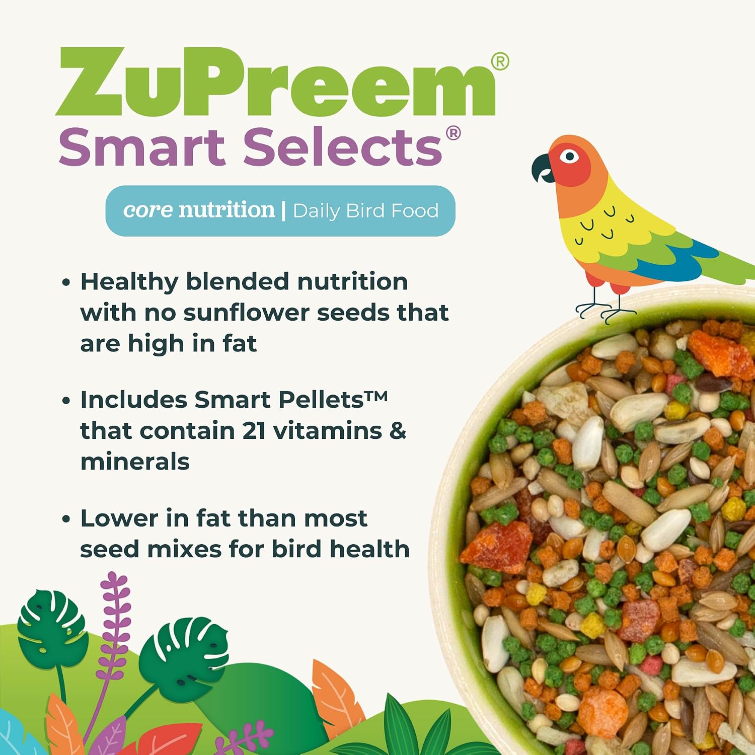 ZuPreem Sensible Seed Parakeet & Budgie Food, Variety Mixer, Small, 2 lb | Bird Food Mixer, Parrot & Parakeet Food, Budgie, Treats, Pellet Mix, Pumpkin Seeds, Safflower, Variety, Made in USA