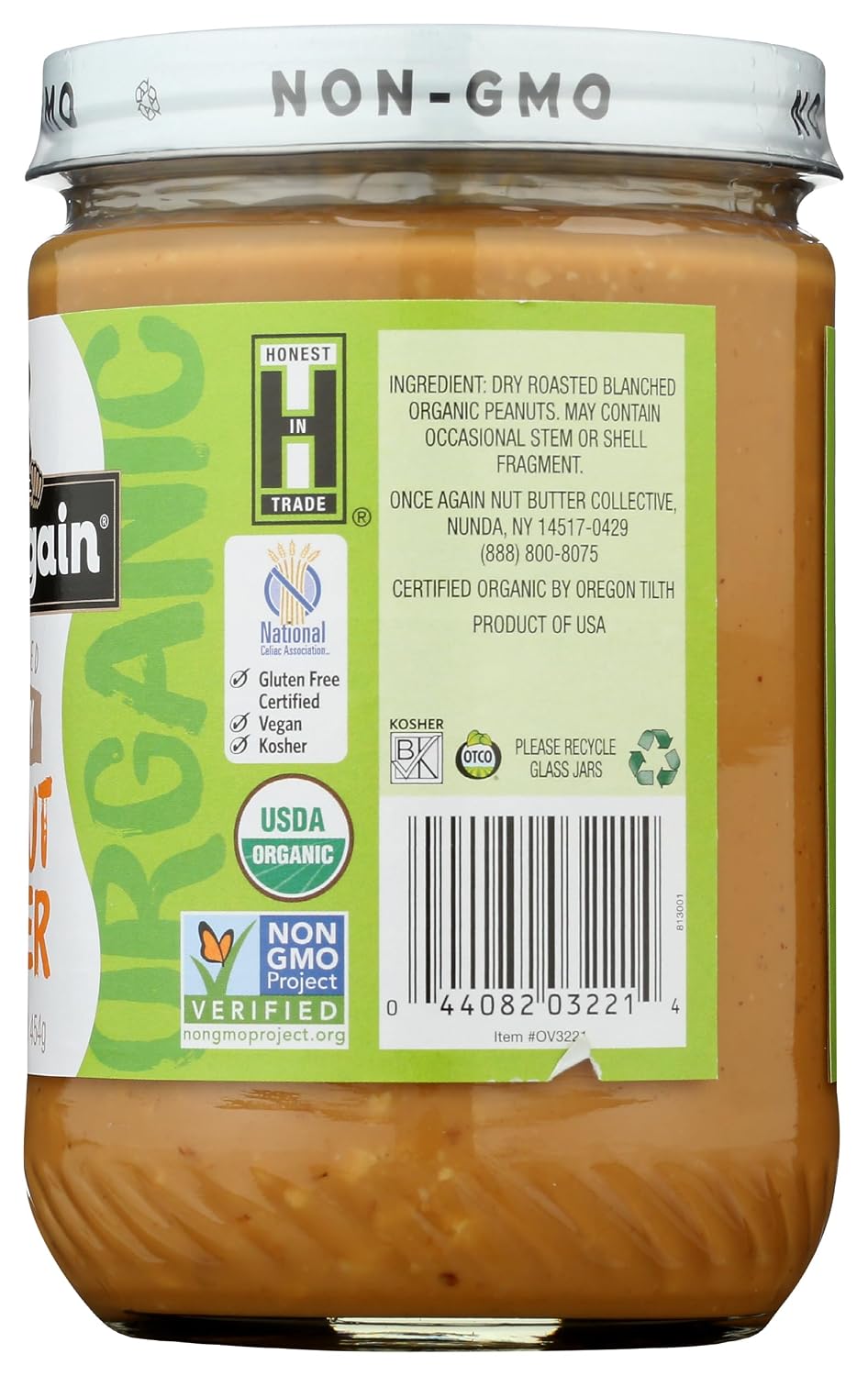 Once Again Organic Crunchy Peanut Butter No Sugar Added - Single Ingredient, Unsalted, Natural Peanut Butter No Palm Oil - Glass Jar, Non-GMO, Gluten Free - Chunky, Unsweetened - 1 Jar (16 oz)