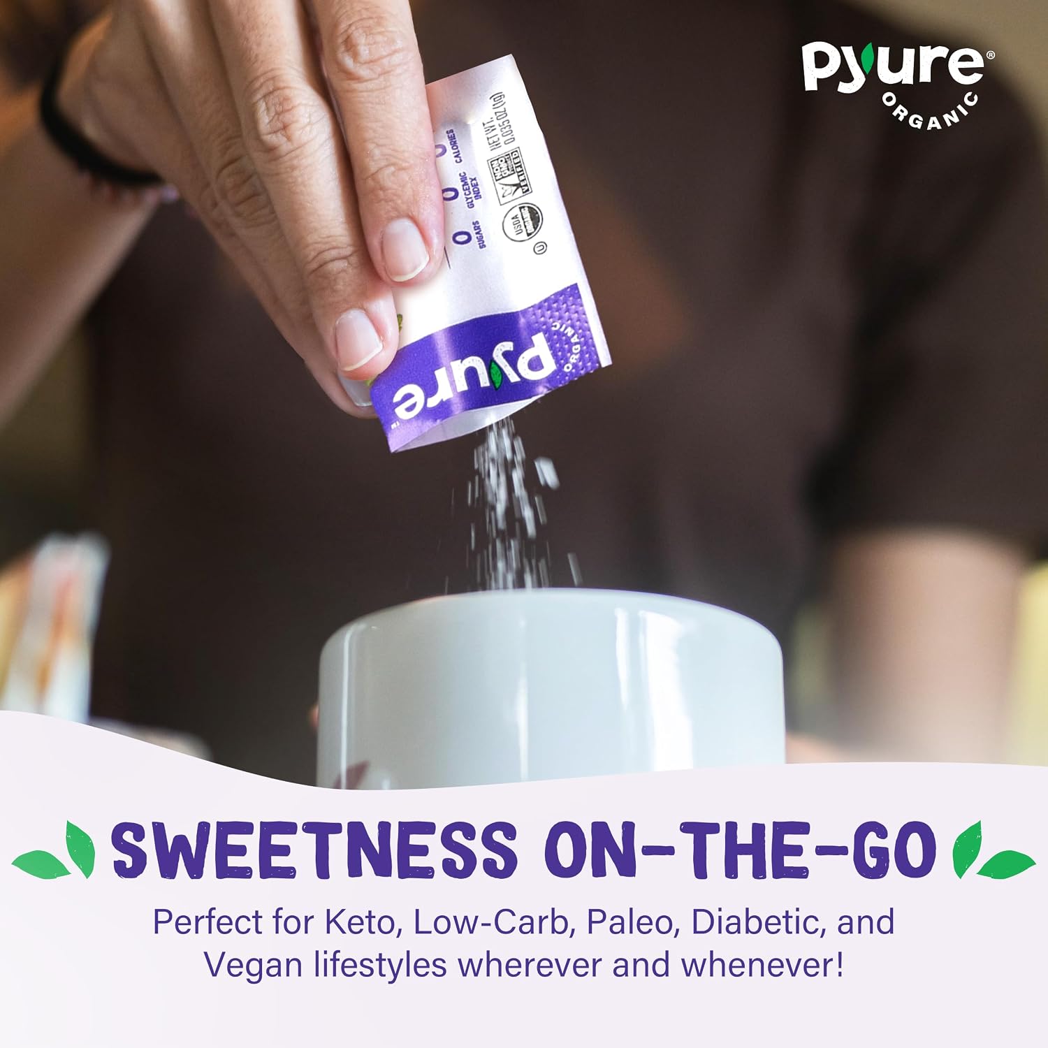 Pyure Organic Stevia Packets | Zero Calorie Sweetener For Coffee, 40 Count | Zero calorie organic stevia packets for coffee, tea, baking, keto, paleo, diabetic diets, lunchboxes, travel, and office