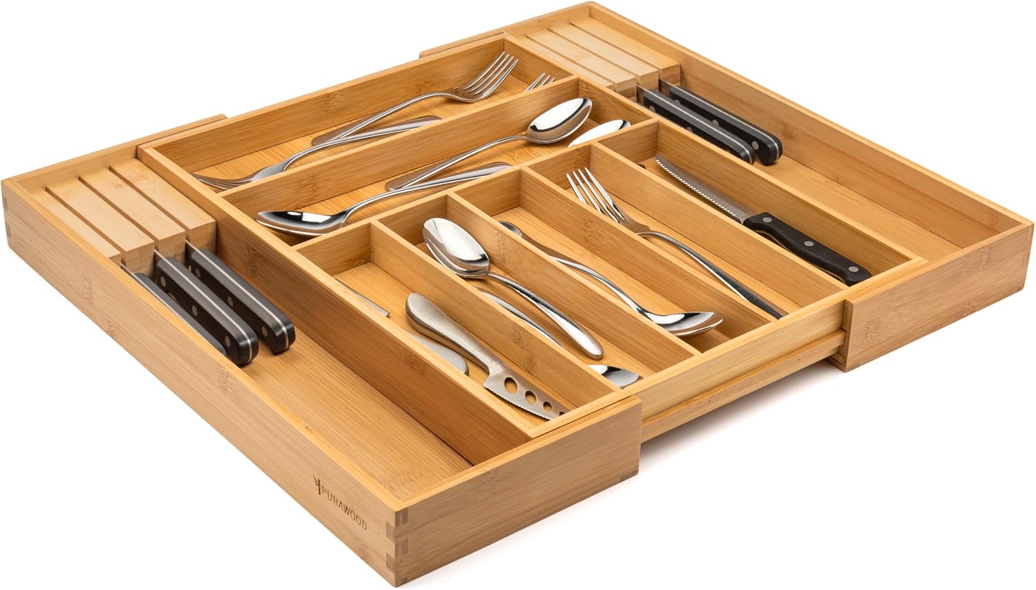 Purawood Kitchen Drawer Organizer - Expandable Utensil Drawer Organizer for Kitchen, Cutlery Tray & Silverware Organizer