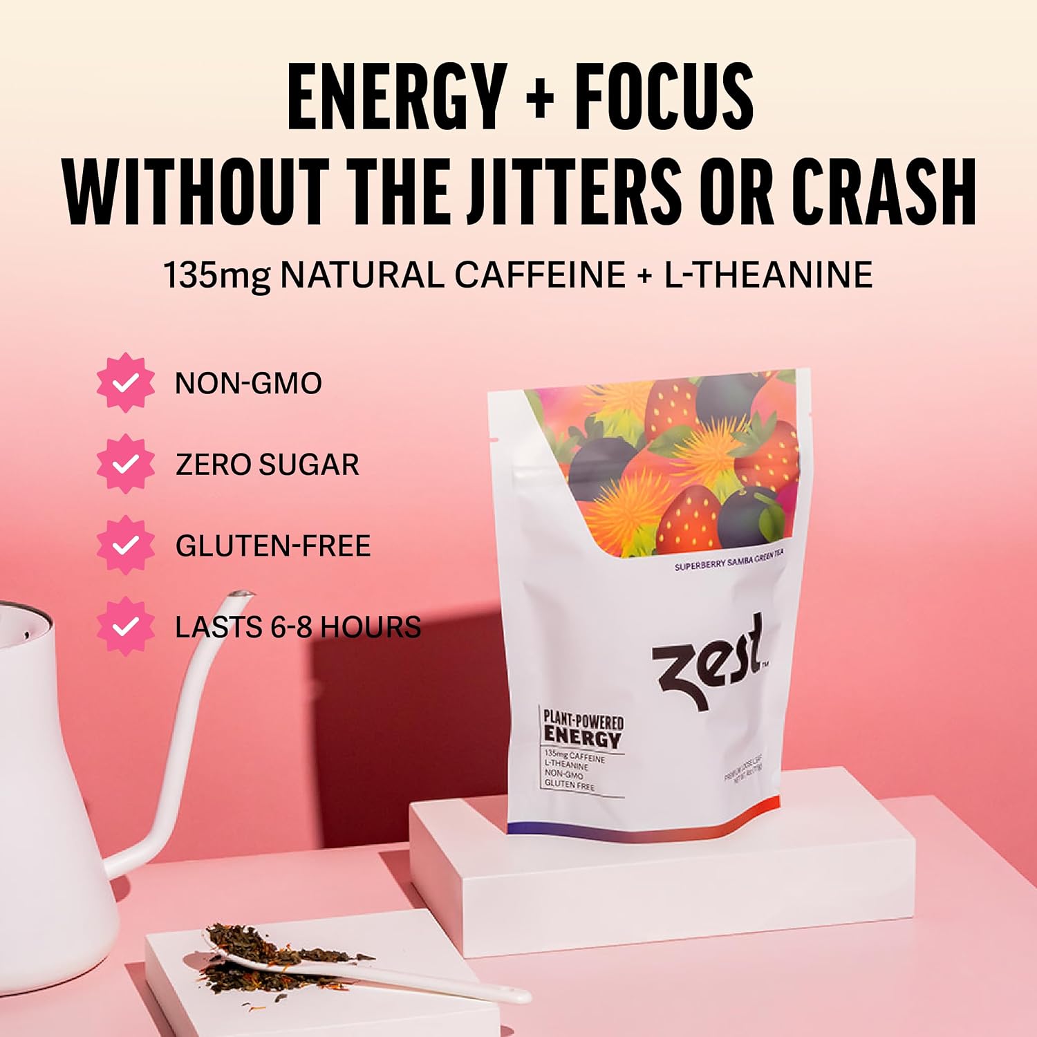 Zest Energy Green Tea – Pomegranate Mojito High Caffeine Tea Bags for Focus & Morning Energy – Natural Caffeinated Tea with 135mg Caffeine – Coffee Substitute – 20Ct Pack, Non-GMO & Keto Friendly