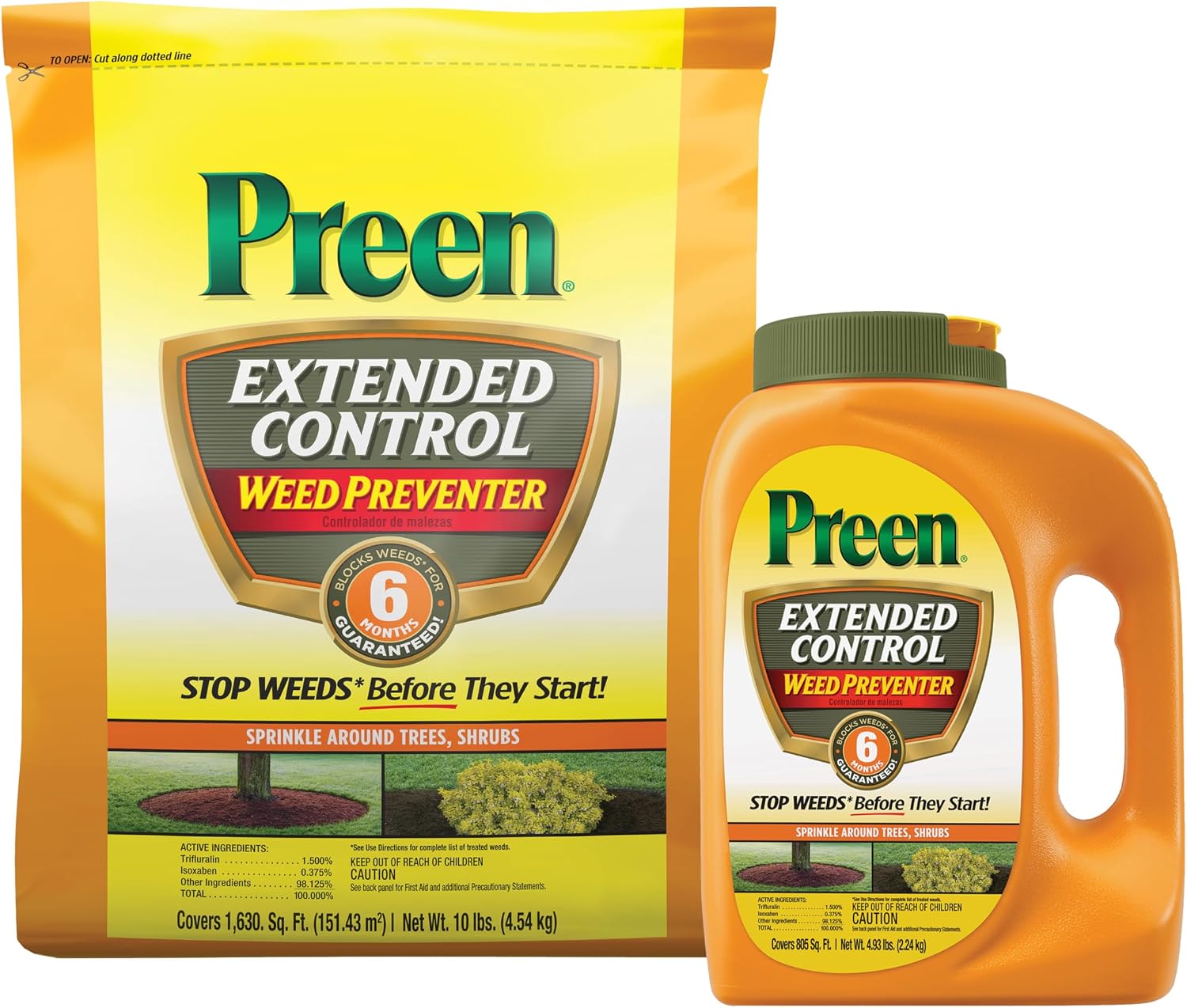 Preen Extended Control Weed Preventer - 4.93 lb. Bottle - Covers 805 sq. ft. | PreEmergent Herbicide for Garden Weed Control –Prevents Weeds up to 6 Months – For Perennials and Shrubs