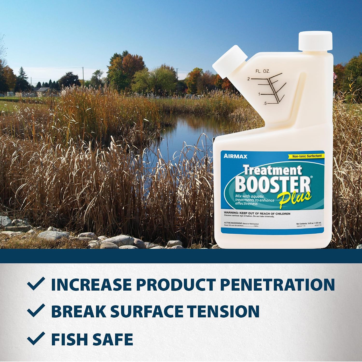 Airmax Treatment Booster Plus Aquatic Surfactant for Herbicide, 16 Ounces | Non-ionic solution for pond algaecide and herbicide treatments, safe liquid vegetation treatment