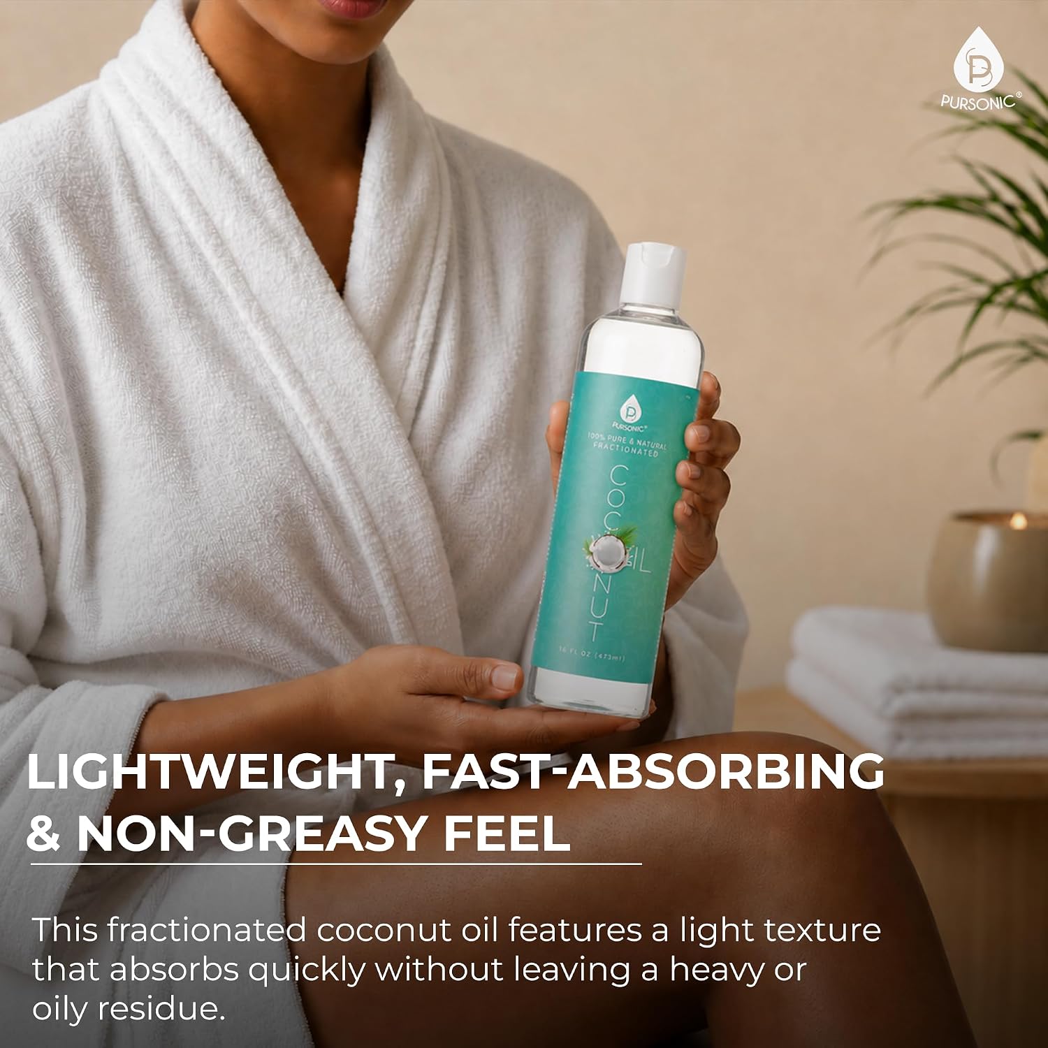 Pursonic Pure Unscented Fractionated Coconut Oil - 16 Oz Multipurpose Oil for Skin, Hair, Body Massage & Makeup Removal - Carrier Oil for Essential Oils and Aromatherapy