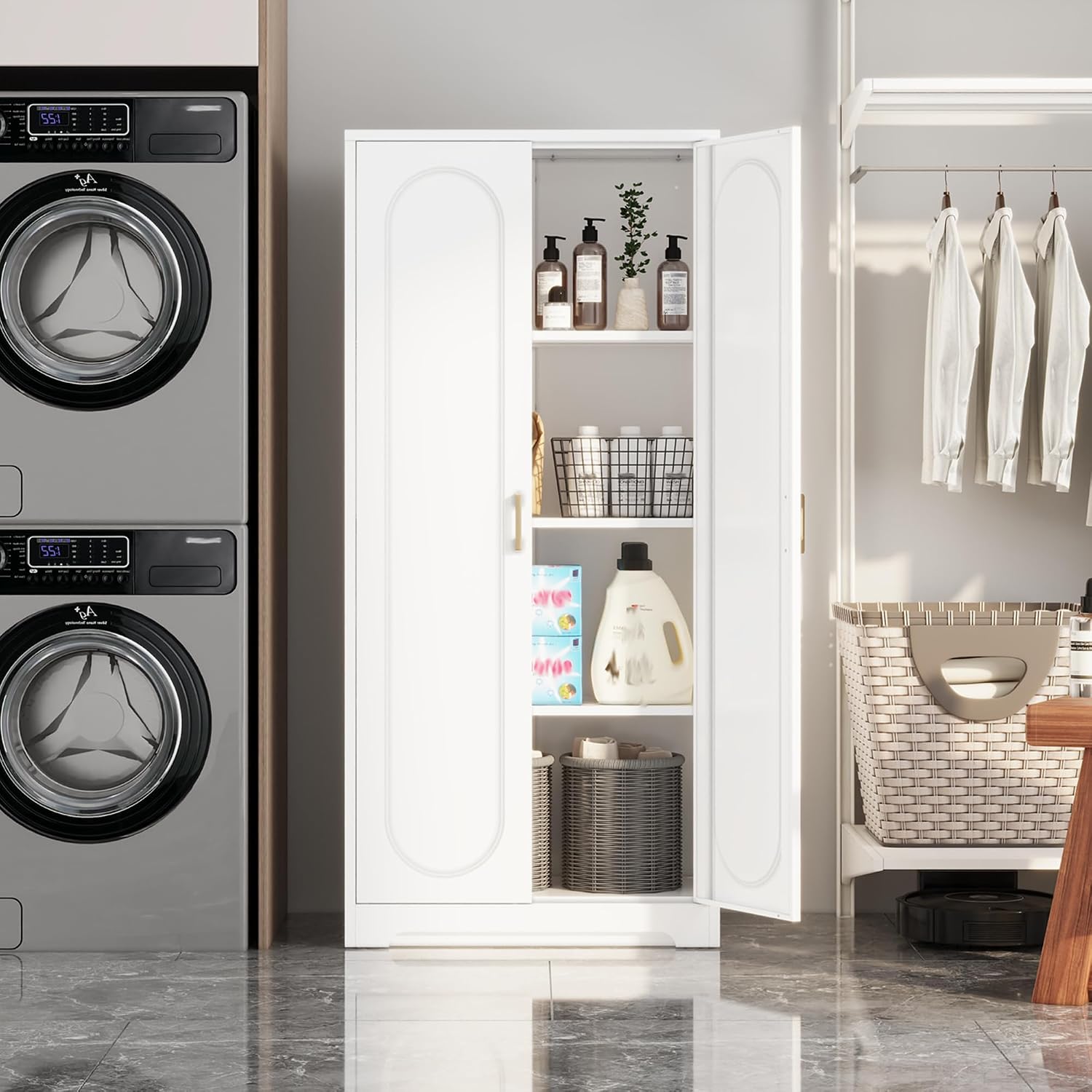 Steeloong 71"Metal Pantry Storage Cabinet with Doors & 4 Adjustable Shelves | Kitchen Pantry Cabinet,White Kitchen Cabinet with 2 Gold Handles,Tall Cabinet for Livingroom,Pantry, Bathroom,Kitchen