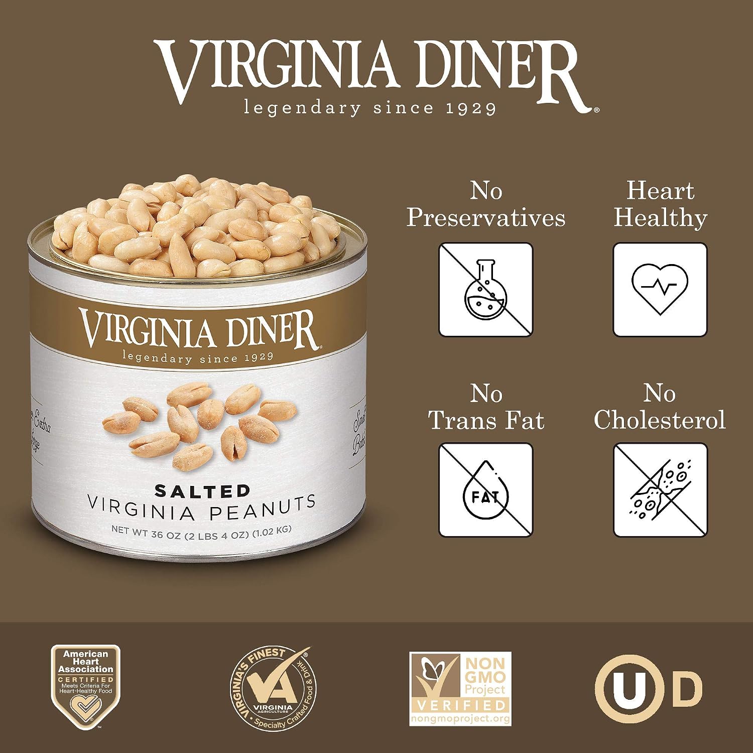 Virginia Diner Salted Virginia Peanuts - XL Gourmet Peanuts Non-GMO, Preservative Free Gifts from Virginia Since 1929-18 Oz Can