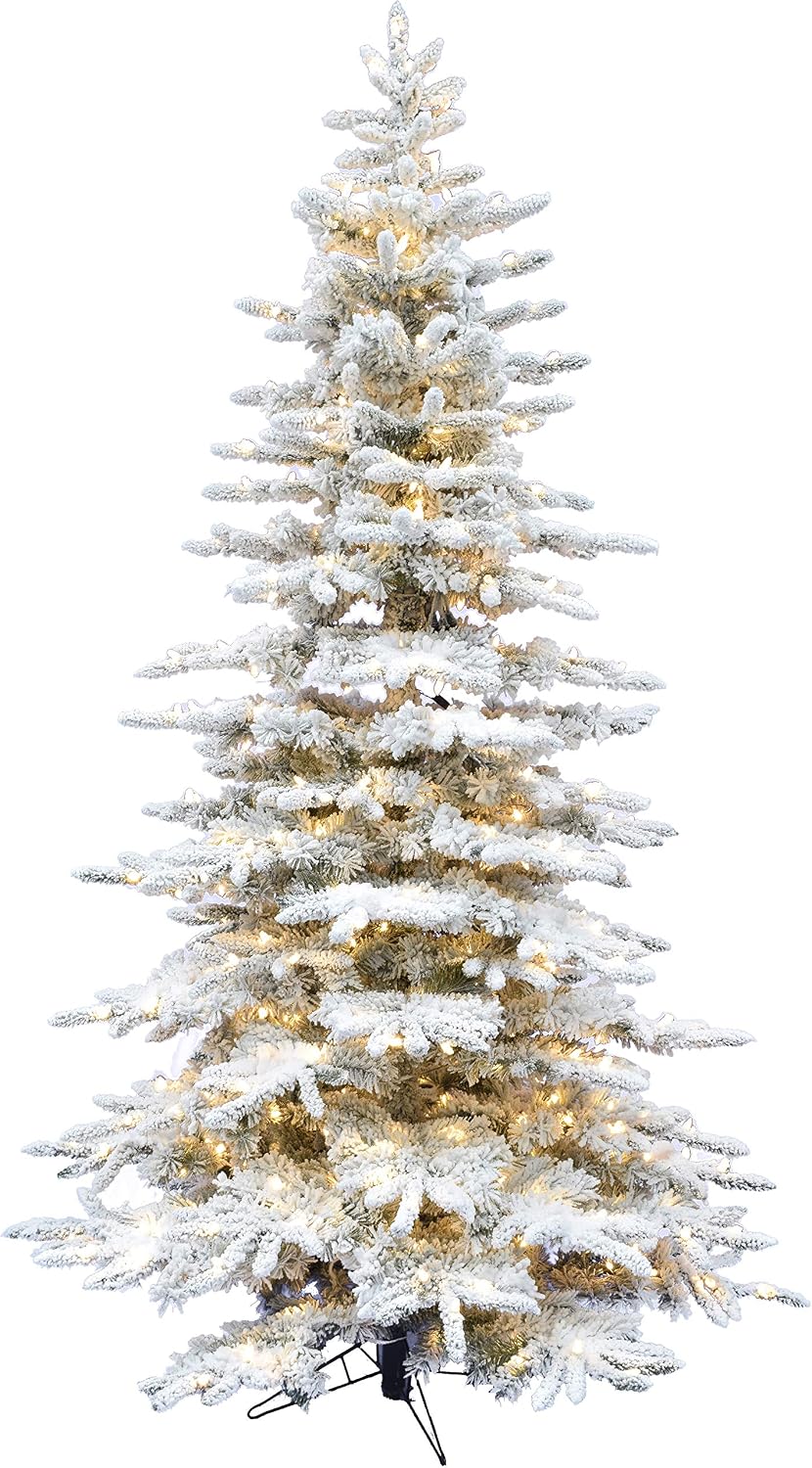 Fraser Hill Farm 7.5-Ft. Mountain Pine Flocked Artificial Christmas Tree with Stand, Unlit Foldable Fake Tree with Realistic Snowy Foliage for Home Decoration