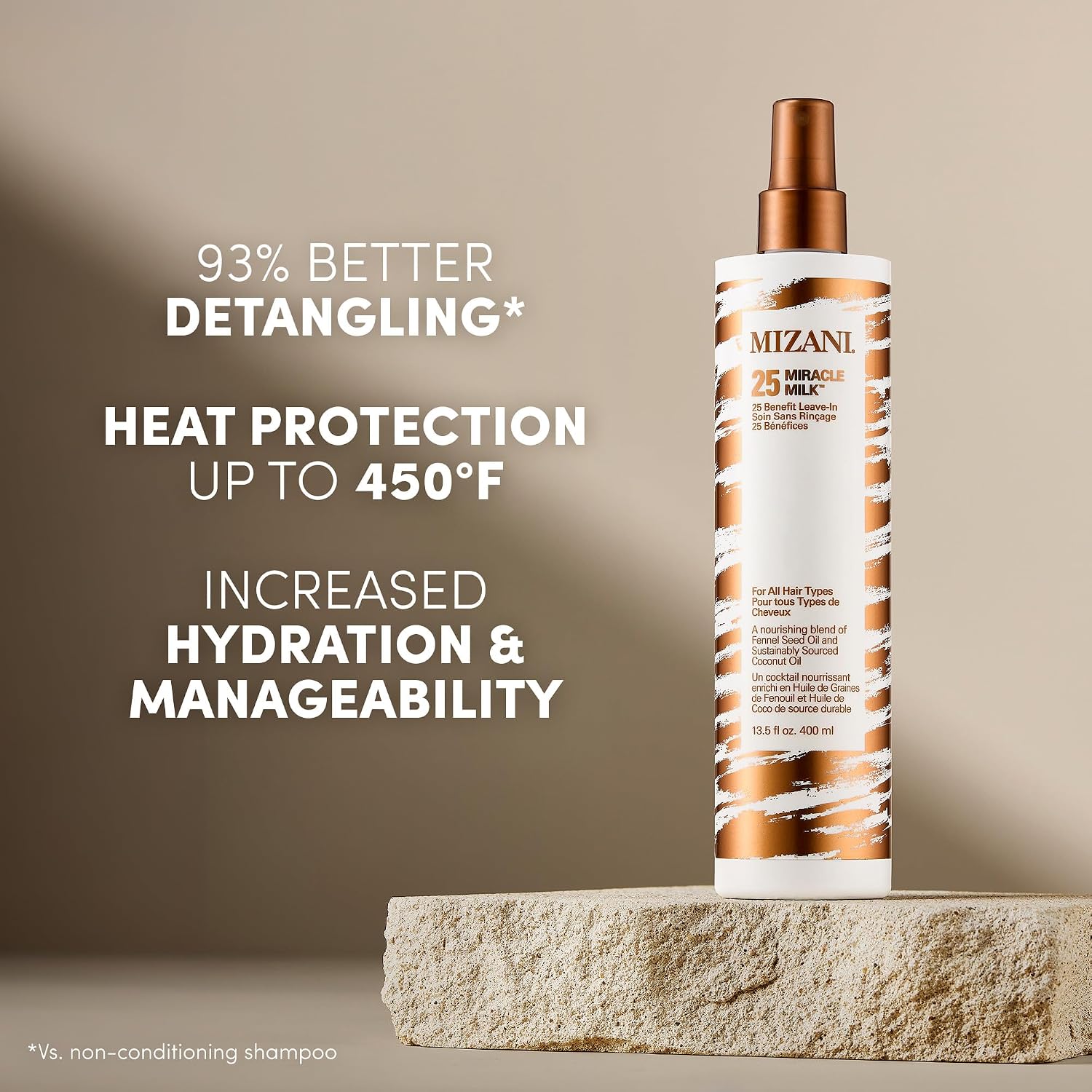 Mizani 25 Benefit Miracle Milk - Leave in Conditioner for Curly Hair, With Coconut Oil, Curl Detangler Spray, Anti Frizz Heat Protectant, No Drying Alcohols, Paraben-Free