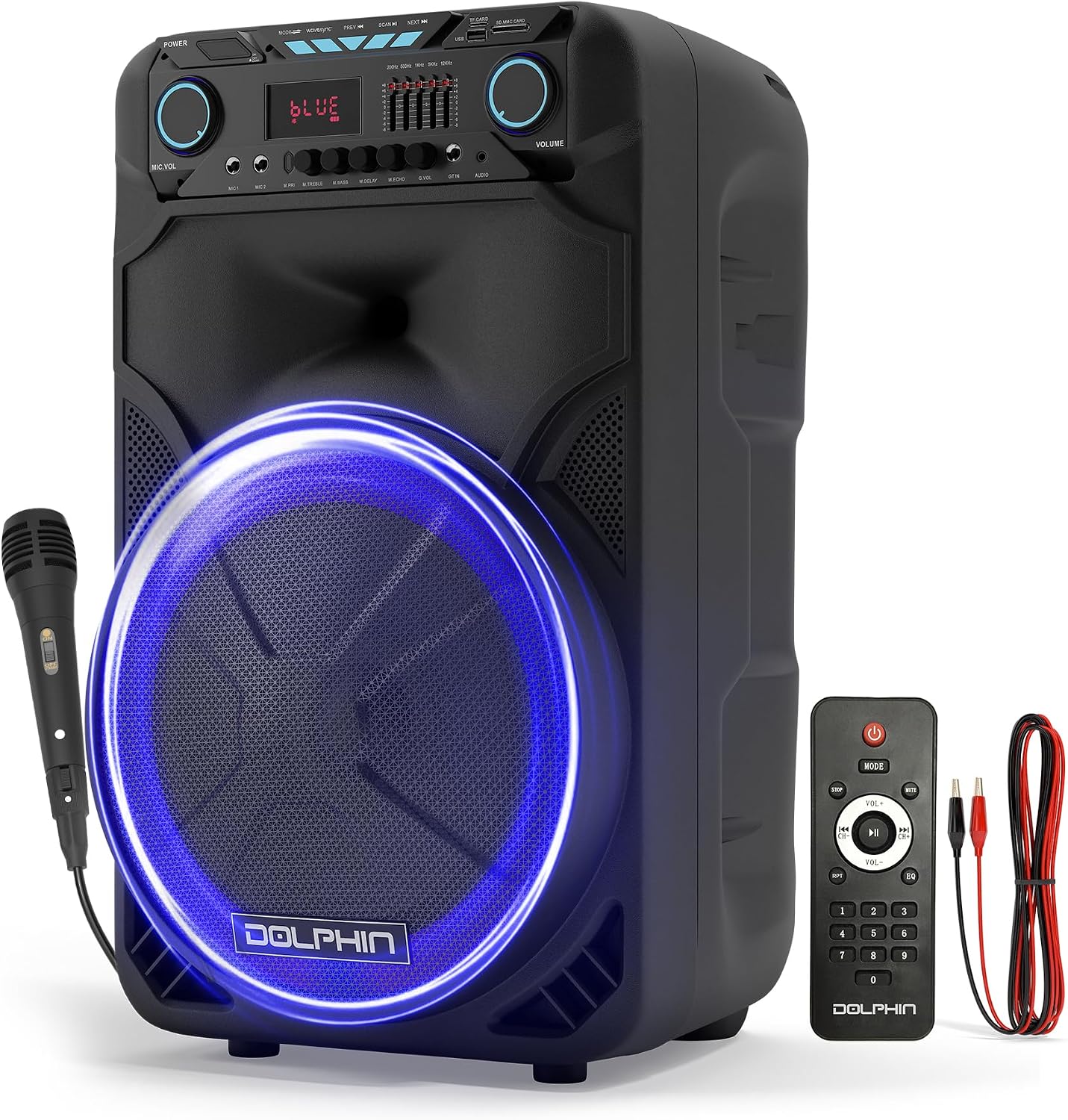 Dolphin Large Bluetooth Party Speaker with Wired Microphone, 15" Woofer | 140W Output, WaveSync Pairing, X-Bass, Digital EQ, USB, SD, FM & AUX Inputs