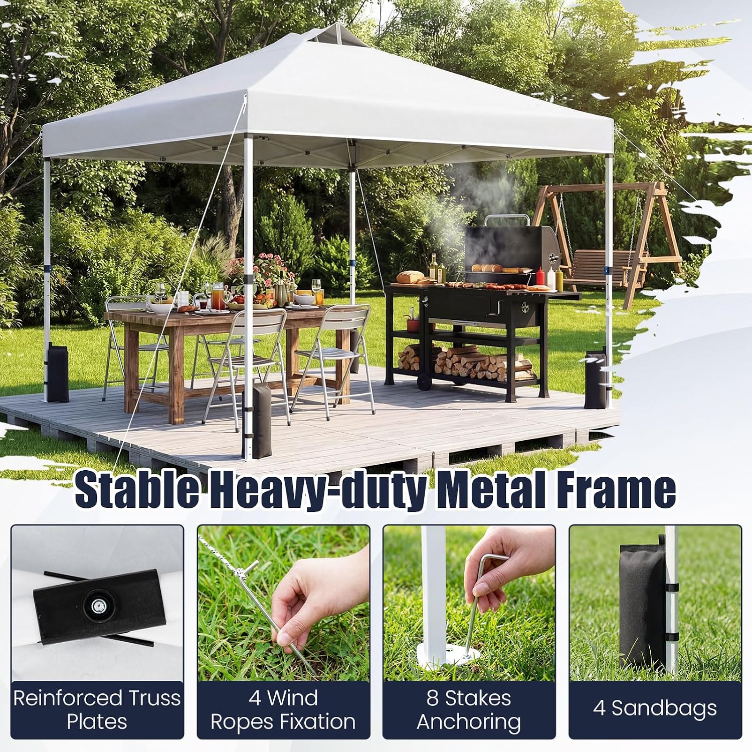 Tangkula 10 x10 Ft Pop Up Canopy with Center Lock, UPF 50+ One-Button Setup Outdoor Canopy Tent with Roller Bag, 4 Sand Bags, Heavy-Duty Steel Frame
